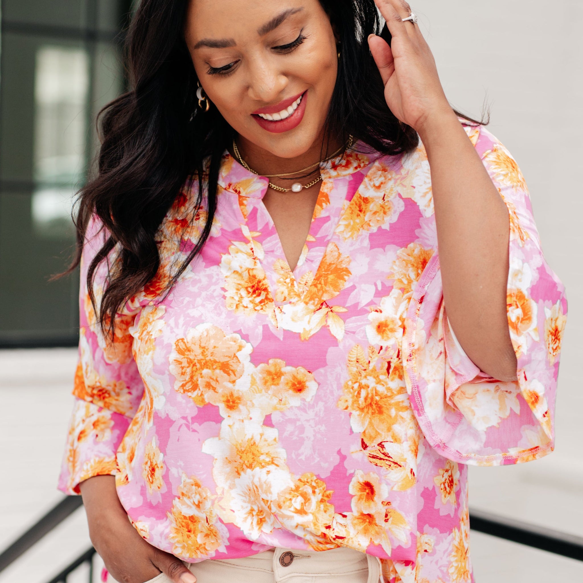 Lizzy Bell Sleeve Top in Pink and Gold Floral