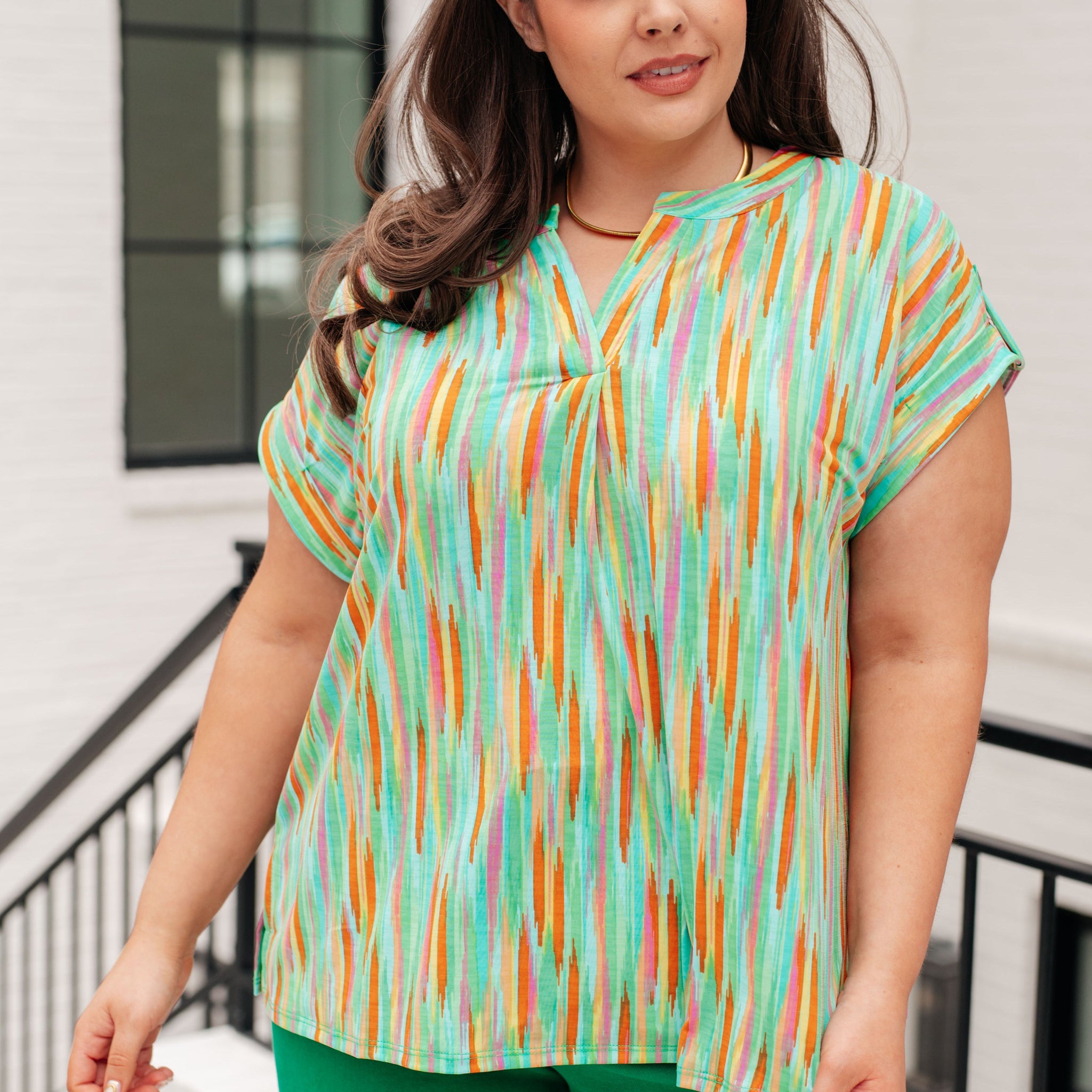 Lizzy Cap Sleeve Top in Lime and Emerald Multi Stripe