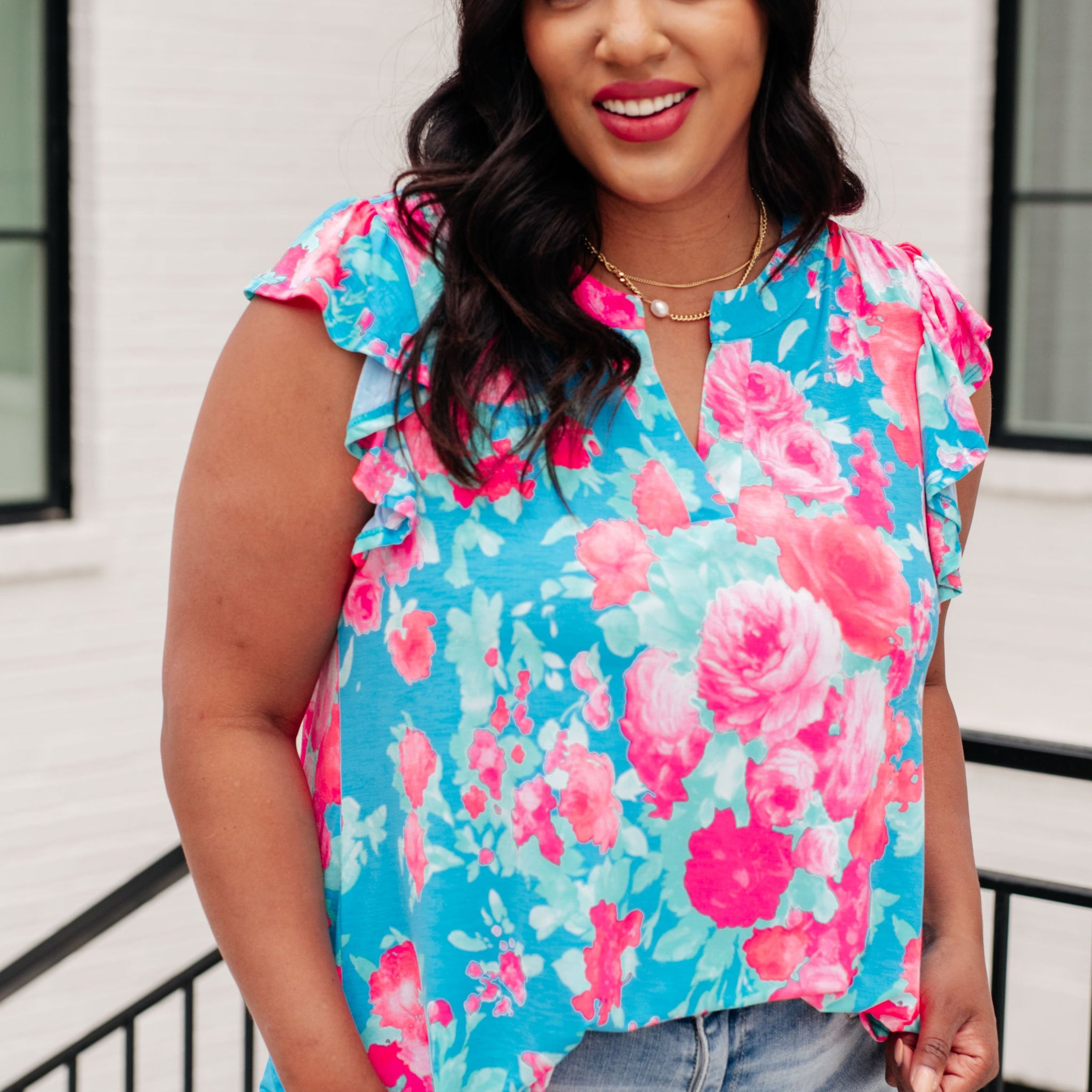 Lizzy Flutter Sleeve Top in Blue and Pink Roses