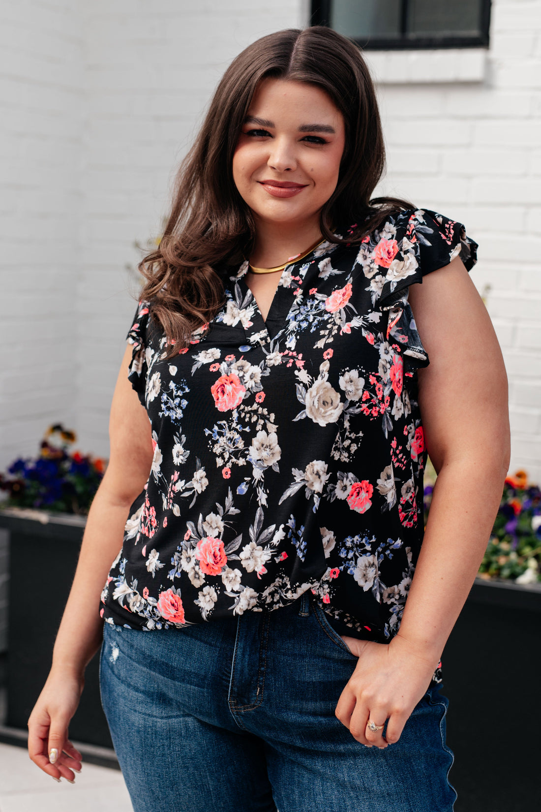 Lizzy Flutter Sleeve Top in Black and Muted Pink Floral