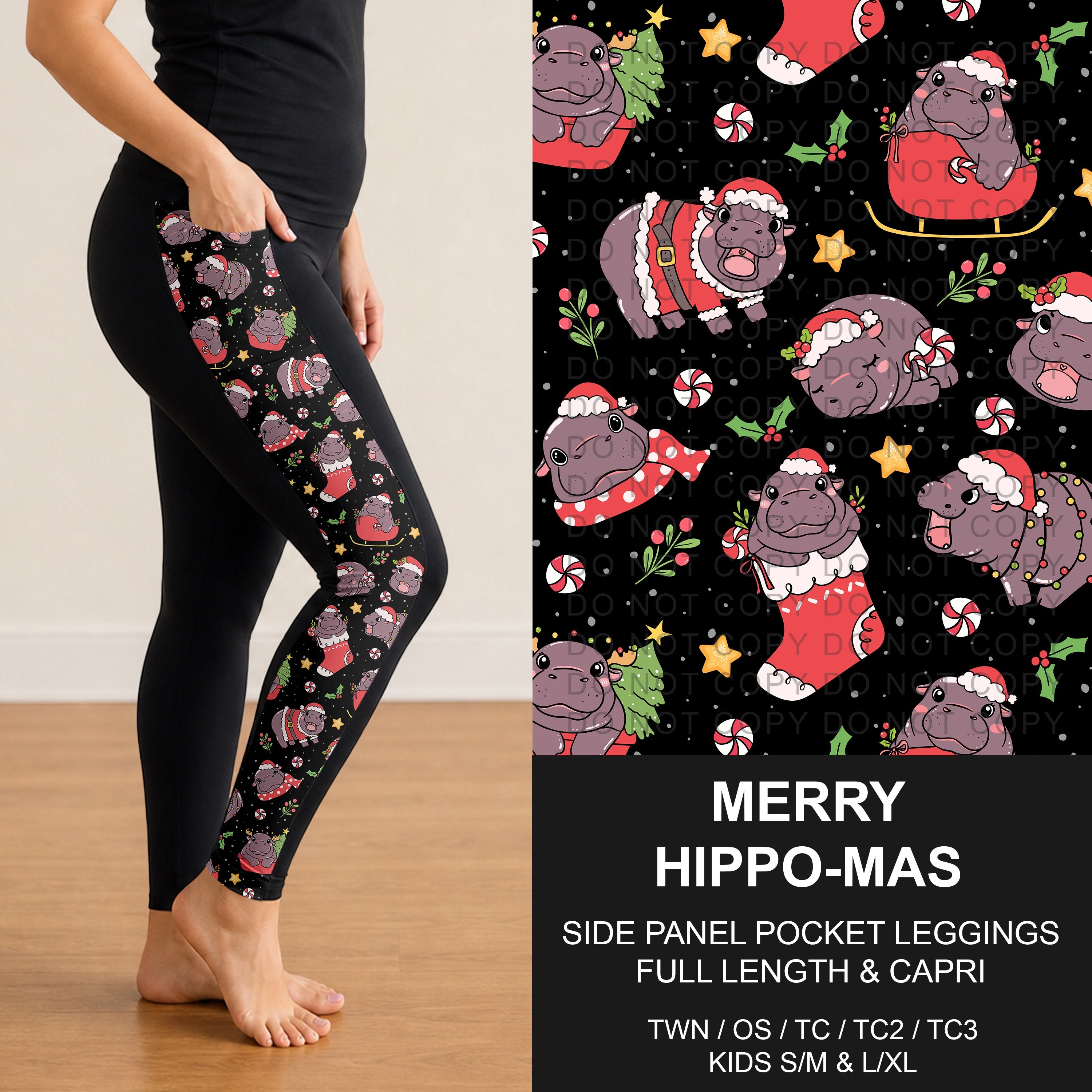 B303 - Preorder Merry Hippo-mas Side Panel Pocket Leggings (Closes 7/26. ETA: early Oct.)