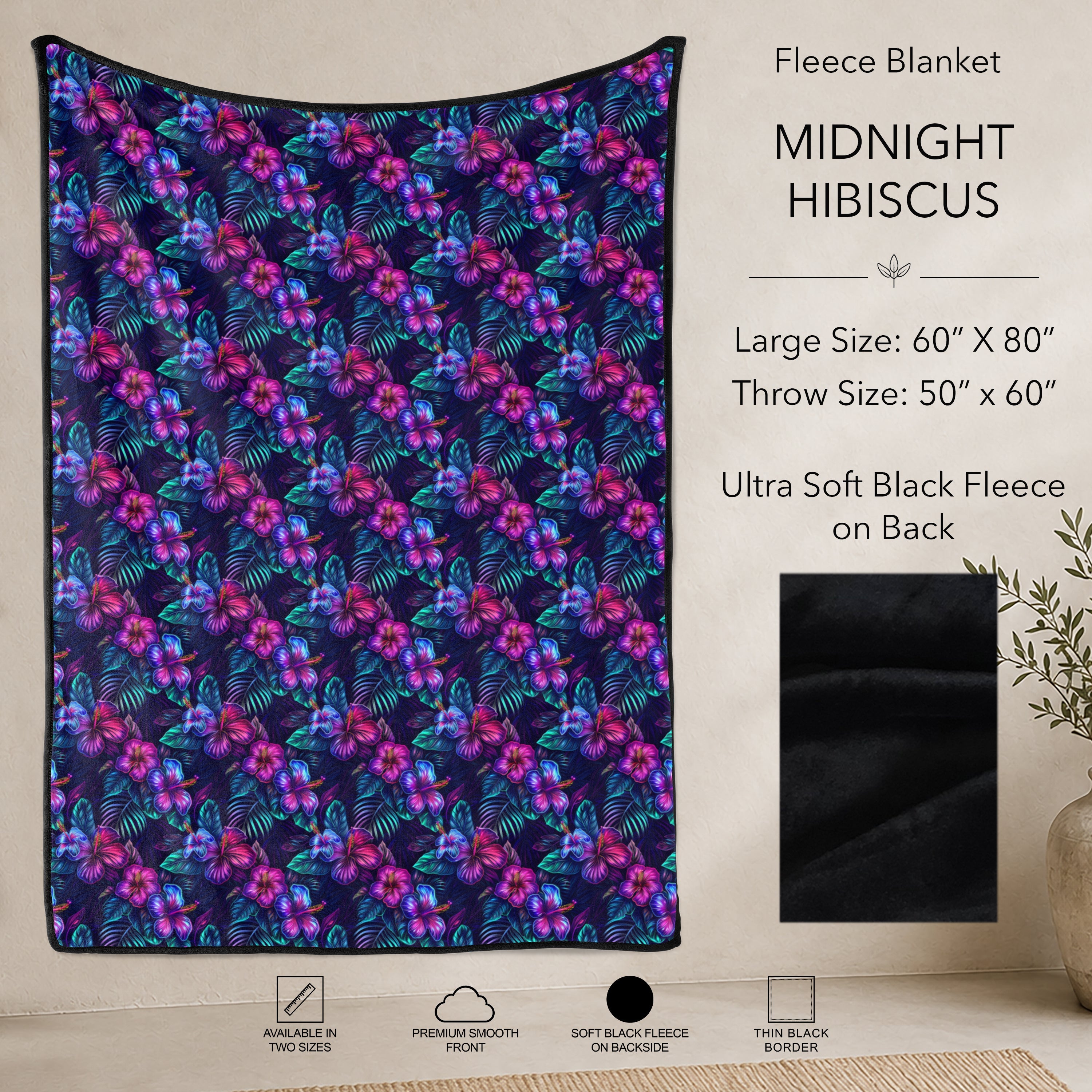B304 - Pre-Order Midnight Hibiscus Fleece Blanket (Closes 7/31. ETA: early Oct)