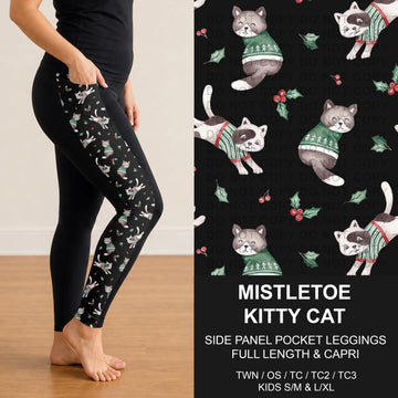 B303 - Preorder Mistletoe Kitty Cat Side Panel Pocket Leggings (Closes 7/26. ETA: early Oct.)