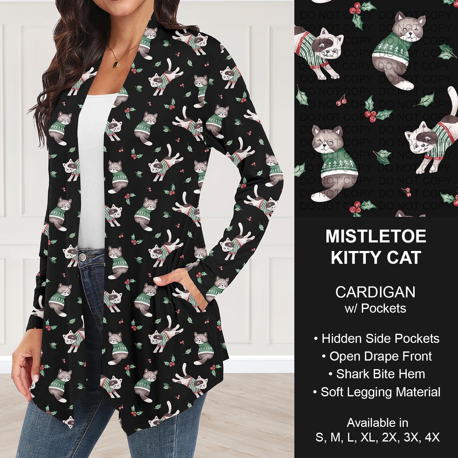 B303 - Preorder Mistletoe Kitty Cat Cardigan w/ Pockets (Closes 7/26. ETA: early Oct.)