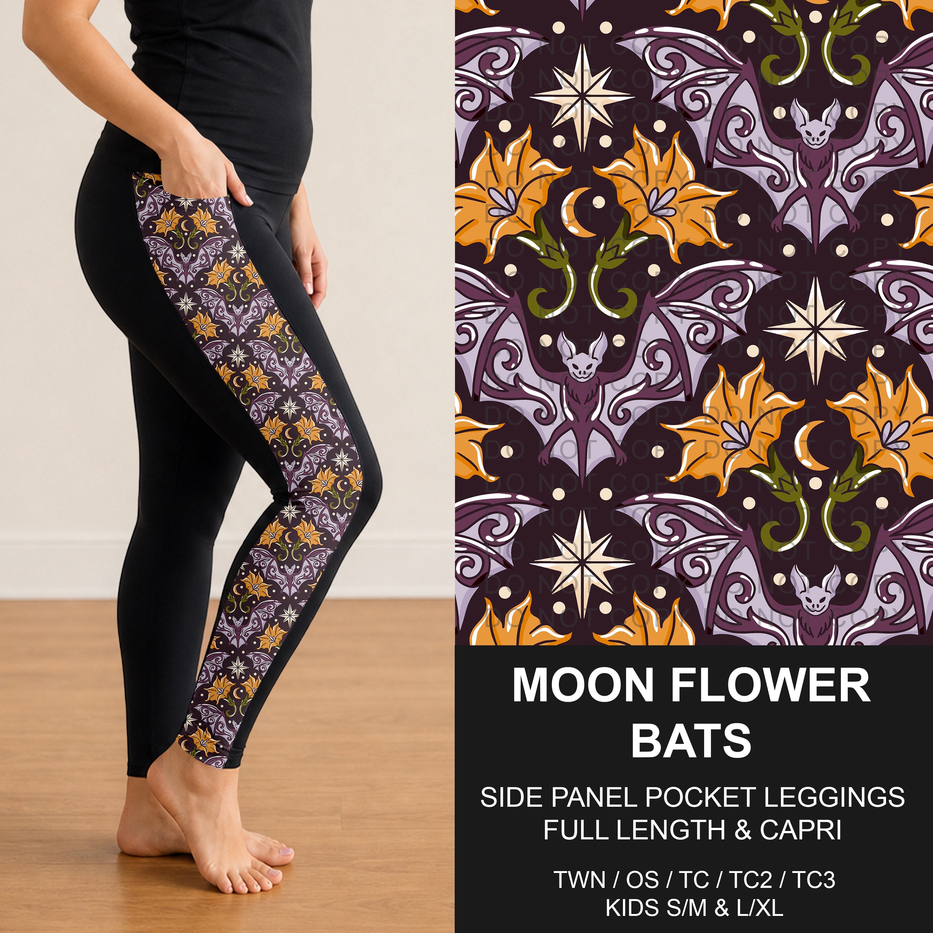 B307 - Preorder Moon Flower Bats Side Panel Pocket Leggings (Closes 8/02. ETA: early Oct.)