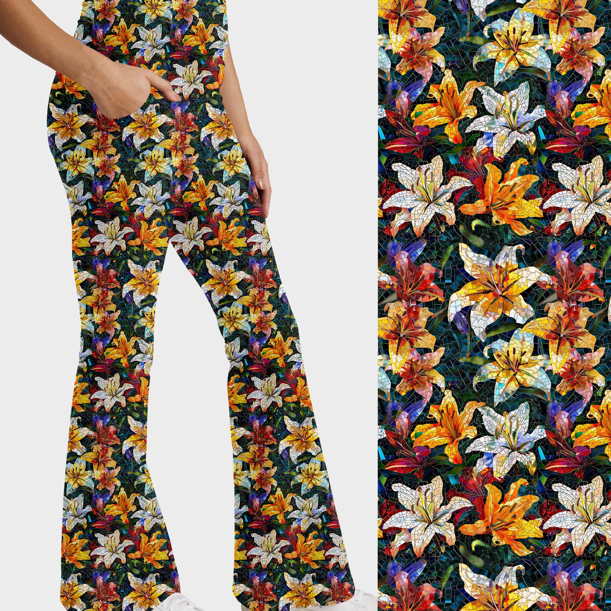 RTS - Mosaic Lilies Flare Leggings w/ Pockets