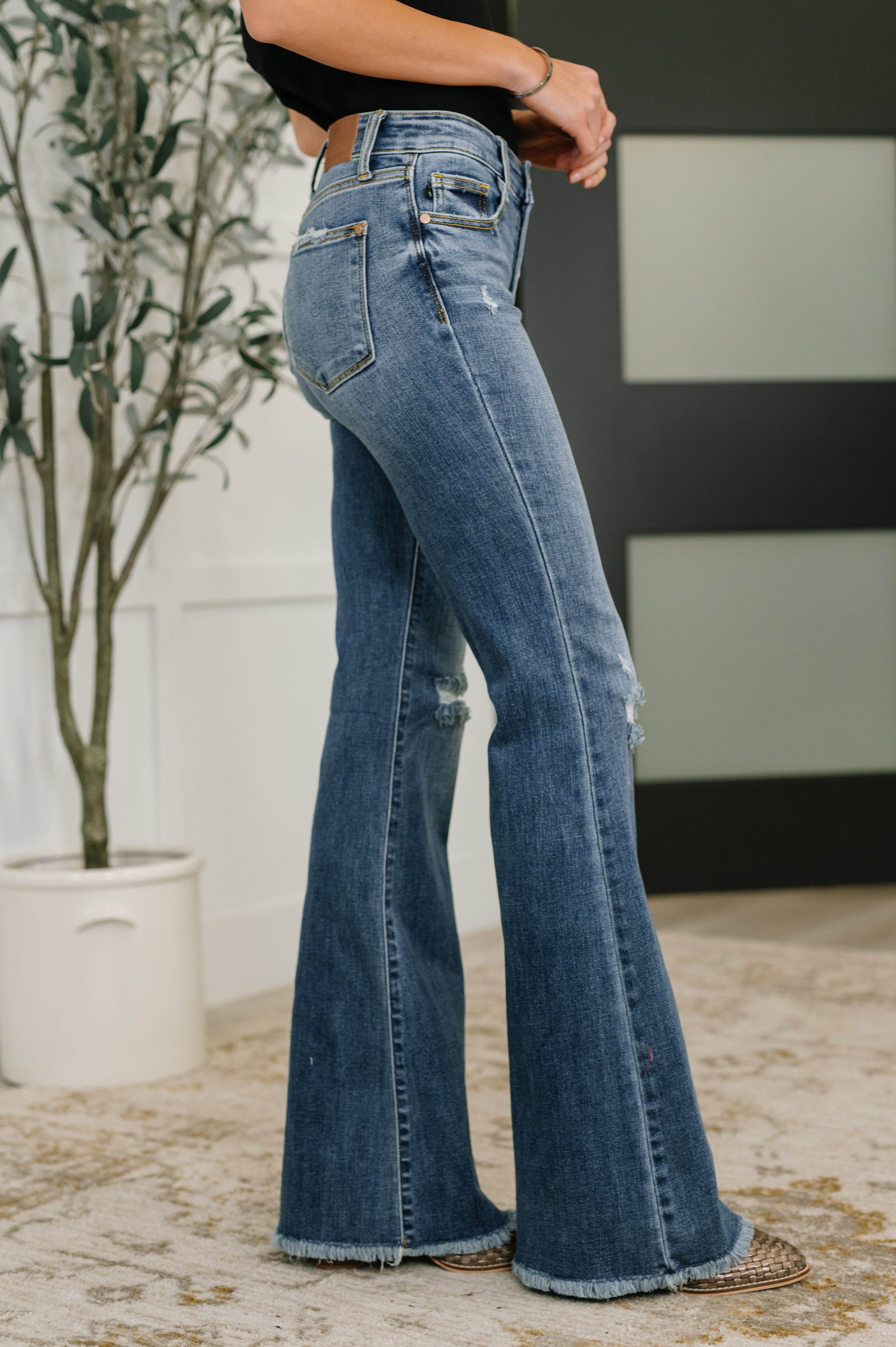 Marion Mid Rise Button Fly Flare with Destroy Fray Hem