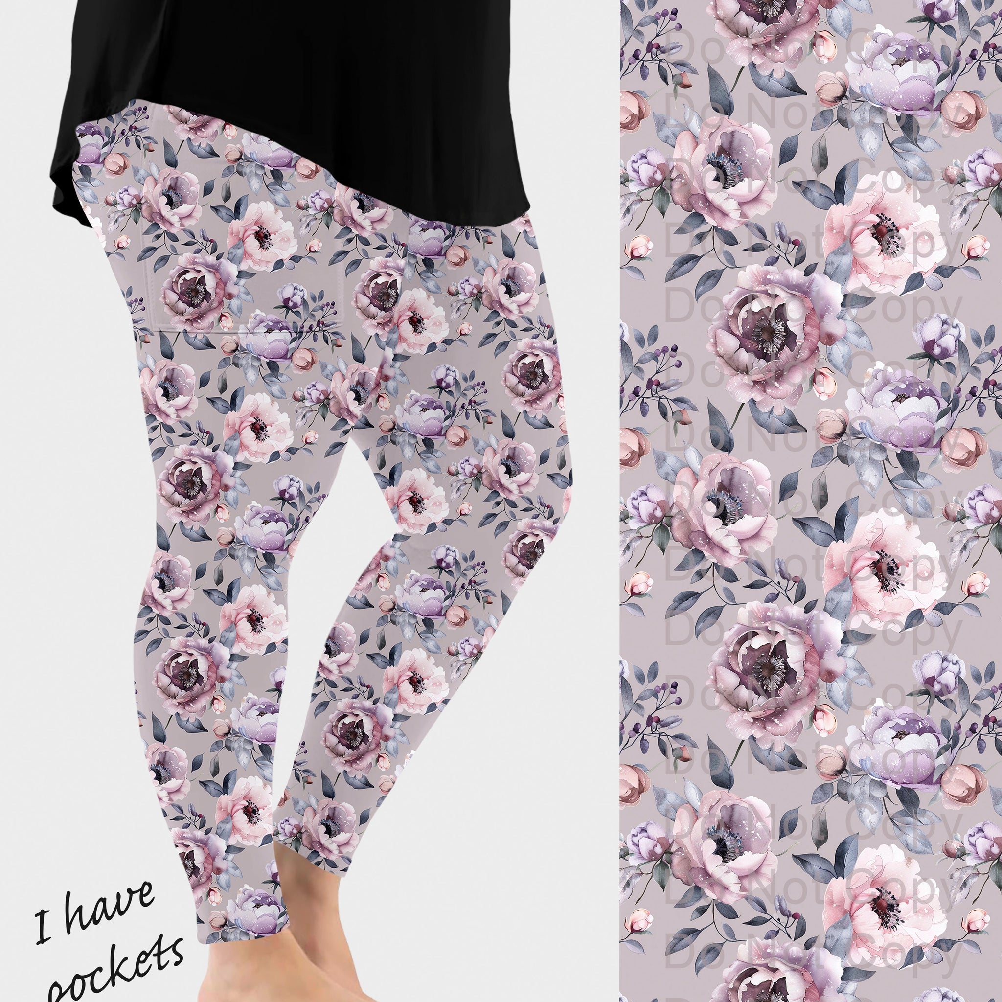 RTS - Mauve Peony Blooms Leggings w/ Pockets