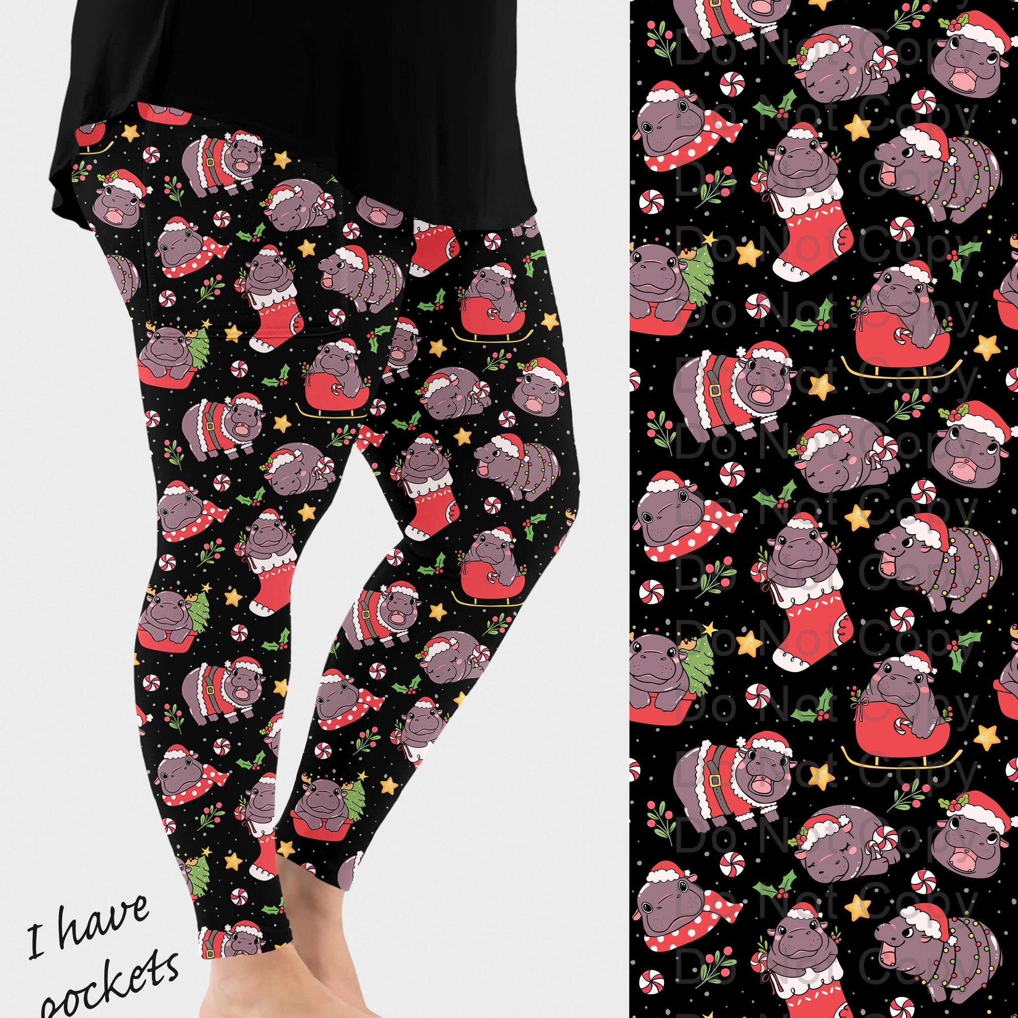 RTS - Merry Hippo-mas Leggings w/ Pockets