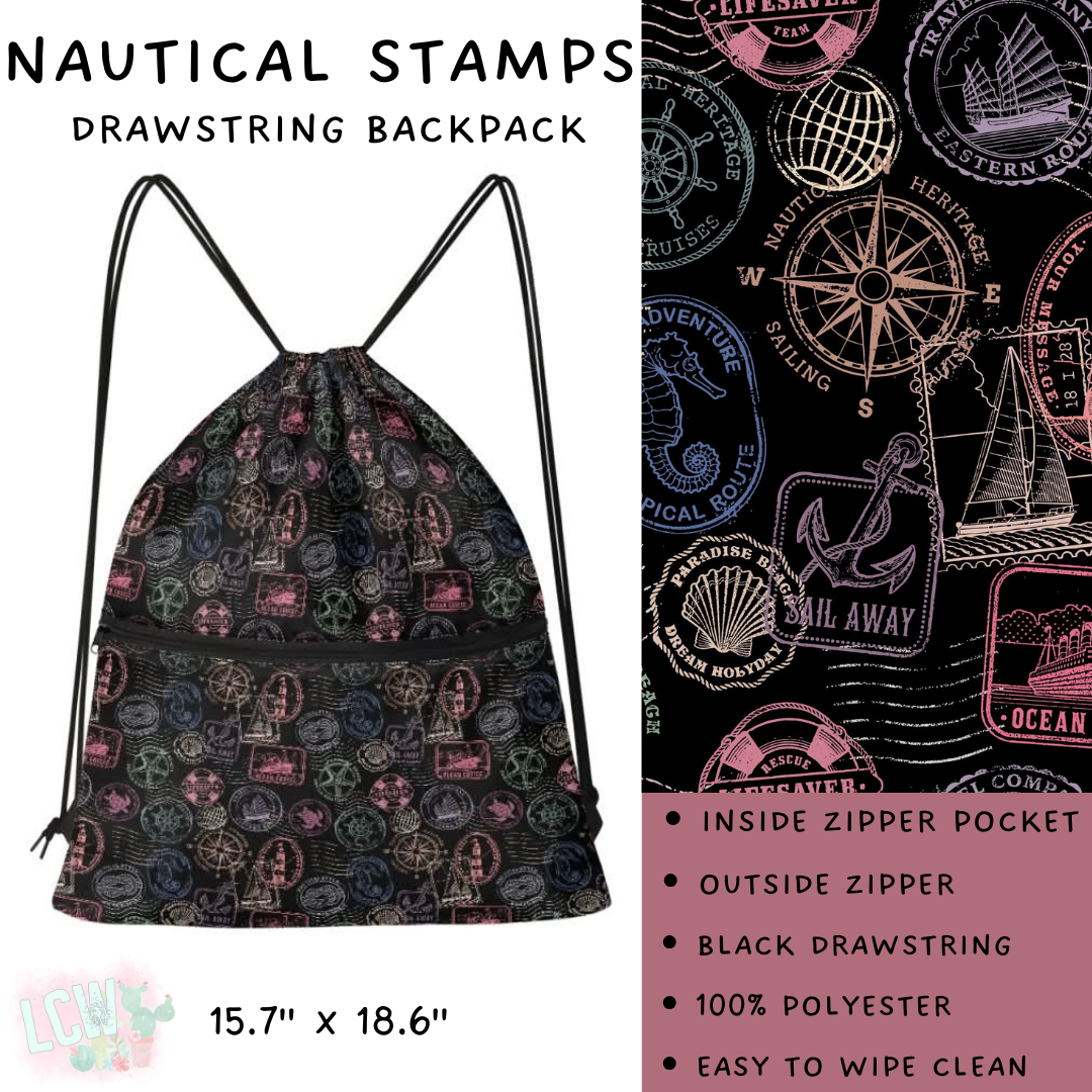 Batch #276 - Fanny Packs & Drawstring Backpacks - Closes 1/24 - ETA late March - Nautical Stamps Drawstring Backpack