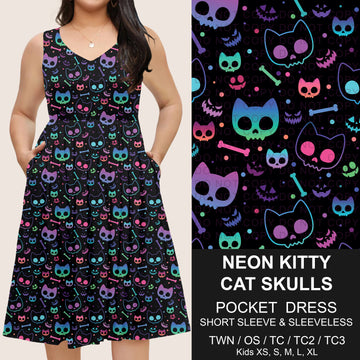 B302 - Preorder Neon Kitty Cat Skulls Pocket Dress (Closes 7/24. ETA: early Oct)