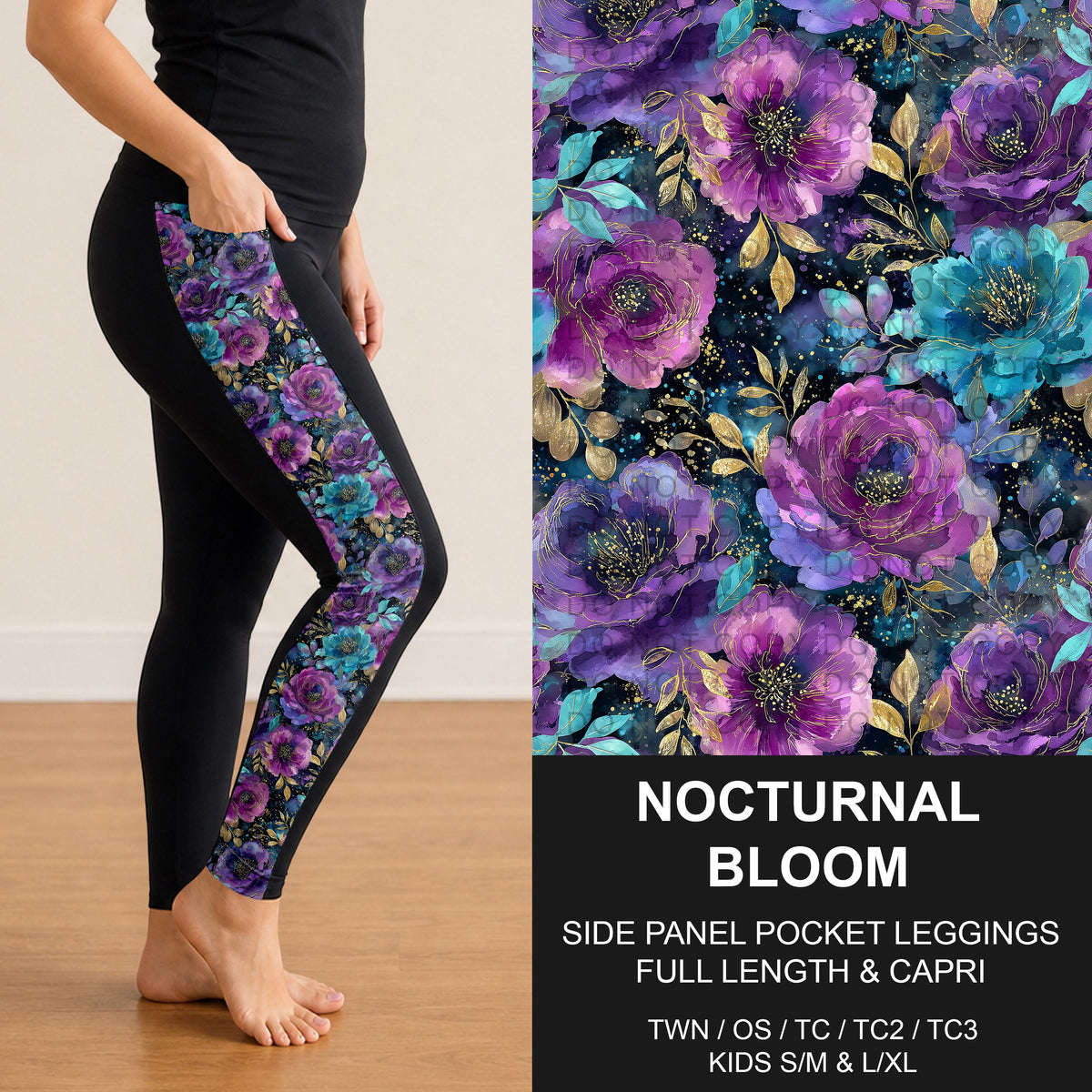 B319 - Preorder Nocturnal Bloom Side Panel Pocket Leggings (Closes 11/01. ETA: early Jan.)