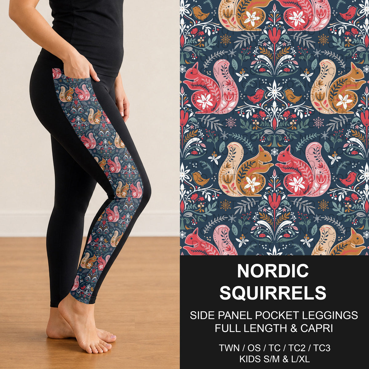 B317 - Preorder Nordic Squirrels Side Panel Pocket Leggings (Closes 10/18. ETA: late Dec.)