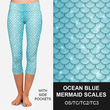 RTS - Ocean Blue Mermaid Capri Leggings w/ Pockets