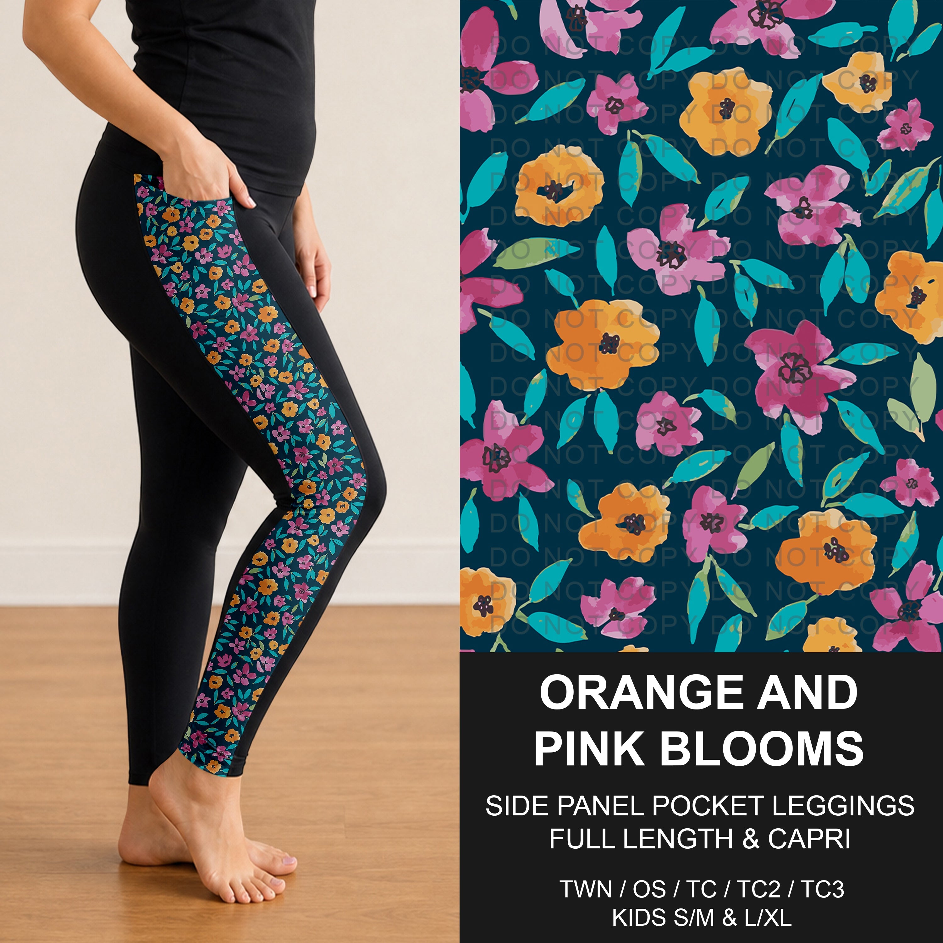 B300 - Preorder Orange and Pink Blooms Side Panel Pocket Leggings (Closes 7/15. ETA: mid Sept.)