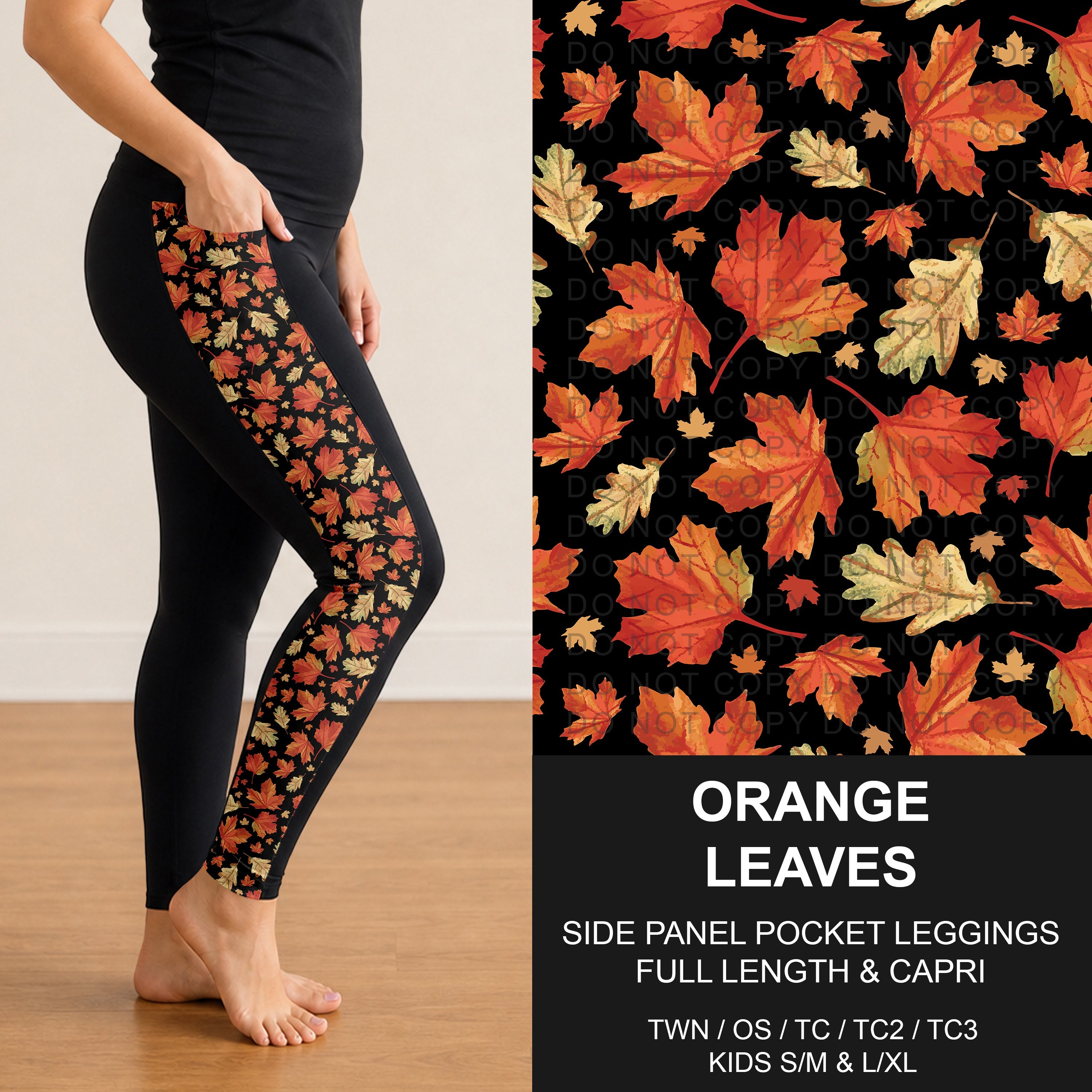 B305 - Preorder Orange Leaves Side Panel Pocket Leggings (Closes 8/02. ETA: early Oct.)