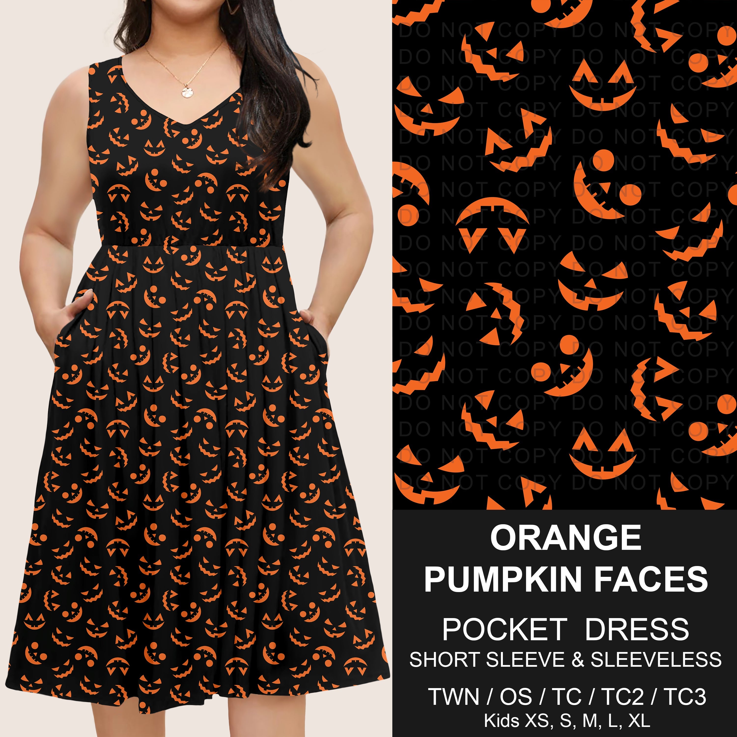B302 - Preorder Orange Pumpkin Faces Pocket Dress (Closes 7/24. ETA: early Oct)