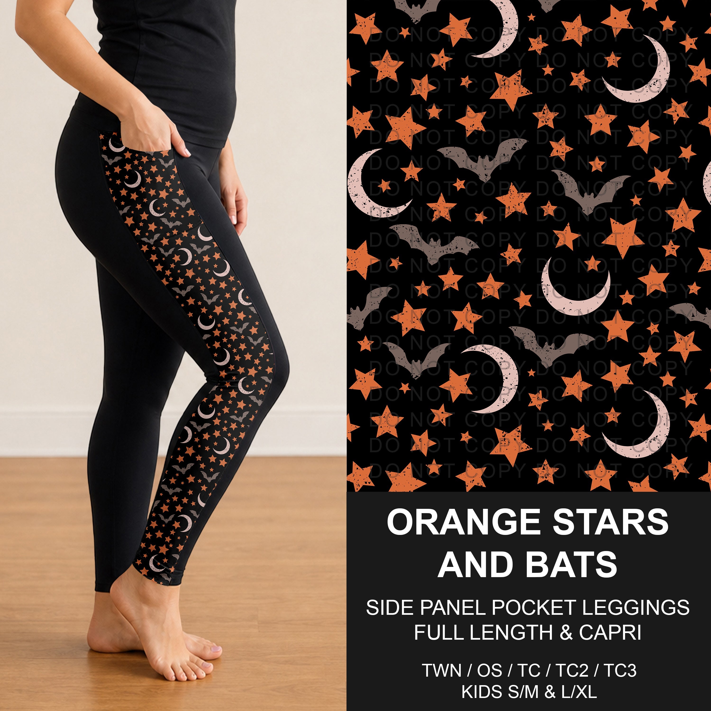 B305 - Preorder Orange Stars and Bats Side Panel Pocket Leggings (Closes 8/02. ETA: early Oct.)