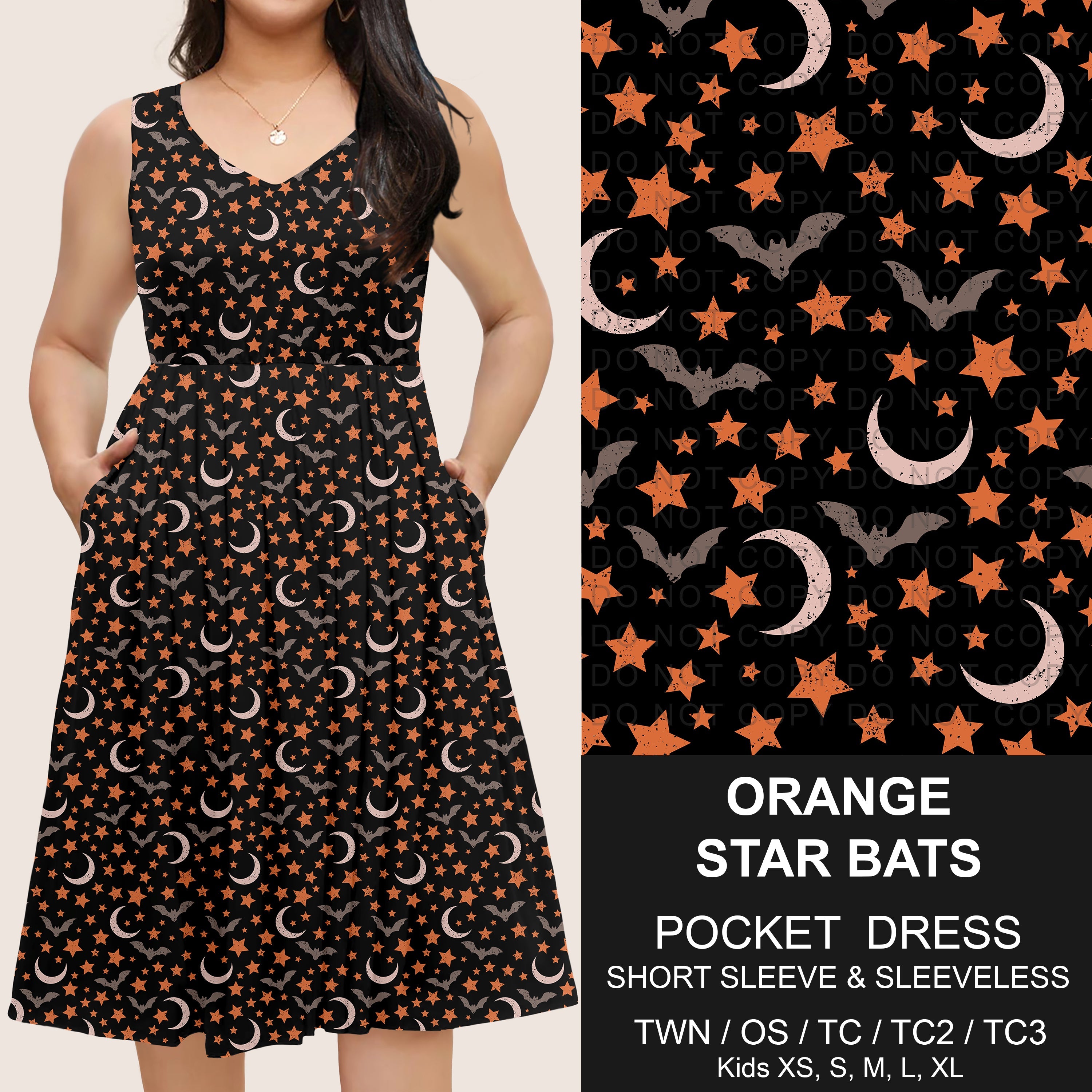 B302 - Preorder Orange Star Bats Pocket Dress (Closes 7/24. ETA: early Oct)