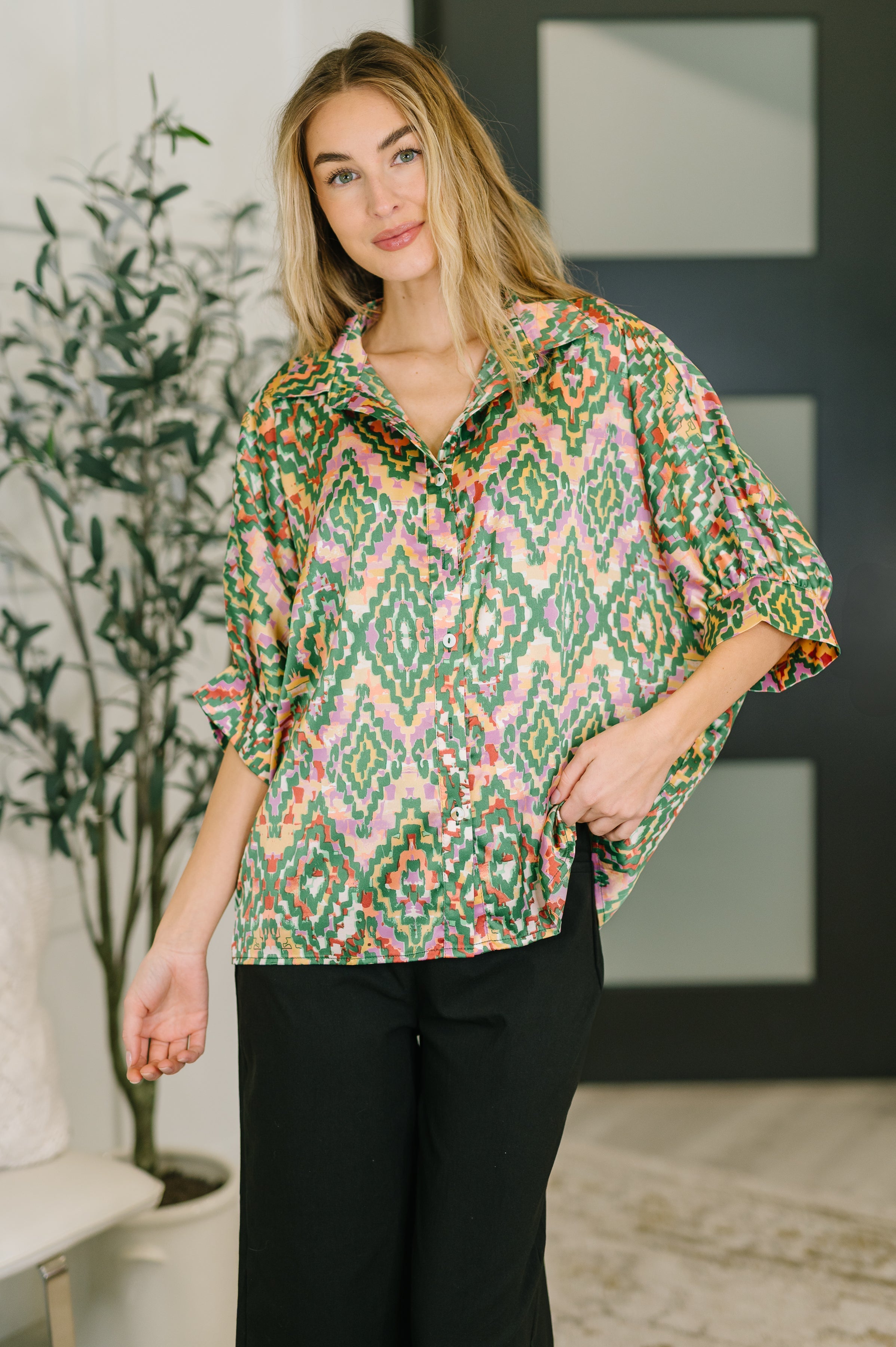 Optical Illusion Button Up Blouse