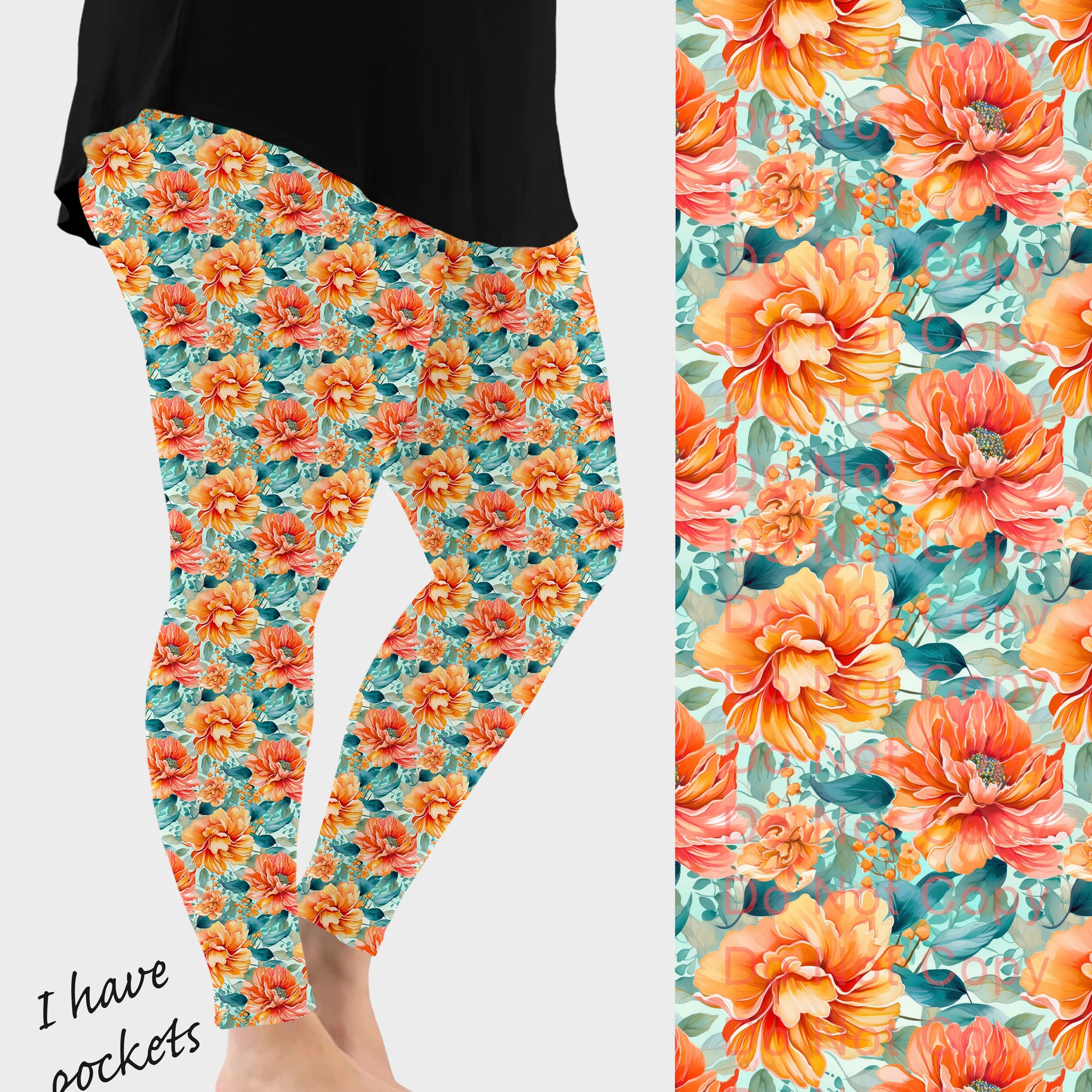 RTS - Orange Blooms Leggings w/ Pockets