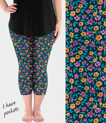 RTS - Orange and Pink Blooms Capri Leggings with Pockets