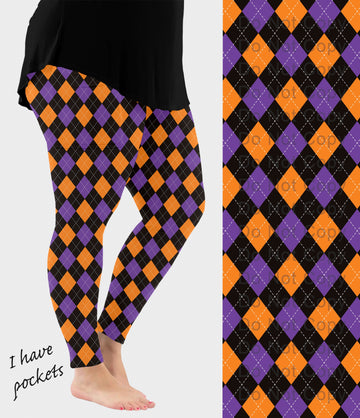 RTS - Orange and Purple Halloween Plaid Leggings with Pockets