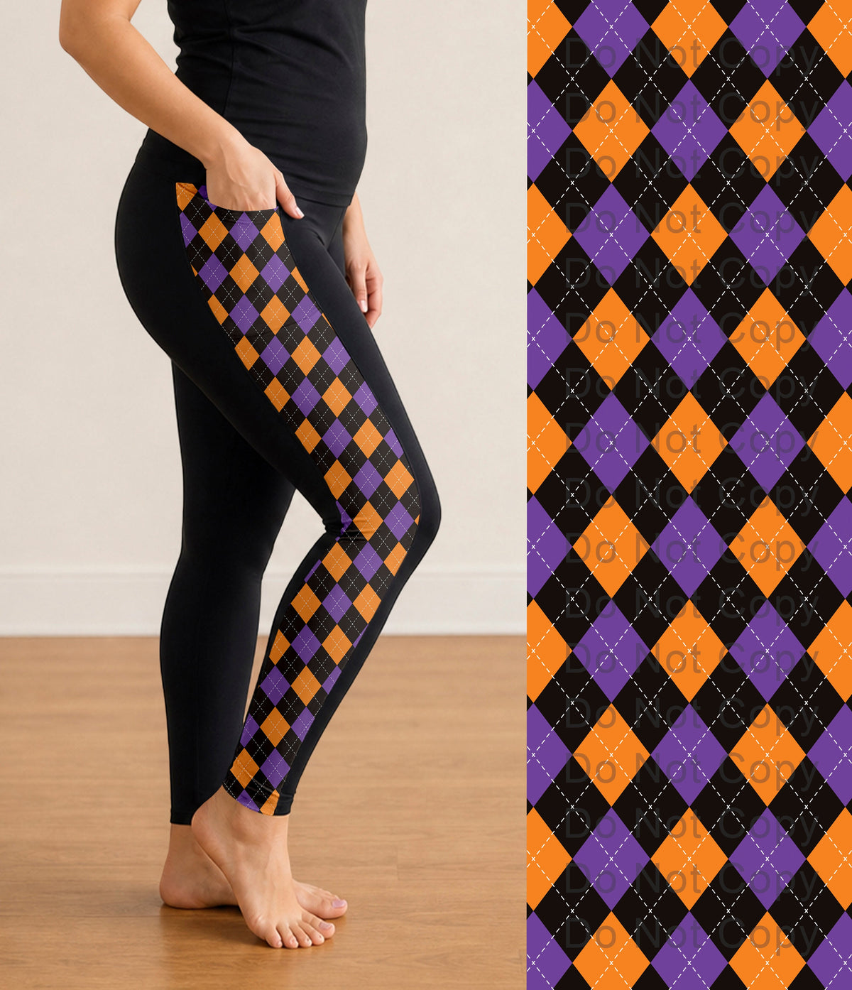 RTS - Orange and Purple Halloween Plaid Side Panel Leggings with Pockets