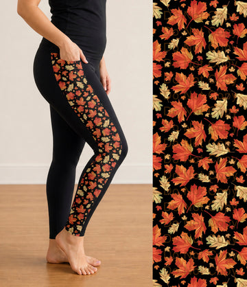 RTS - Orange Leaves Side Panel Leggings with Pockets