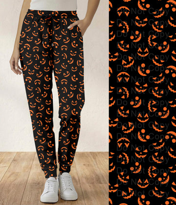 RTS - Orange Pumpkin Faces Halloween Jogger Pants with Pockets