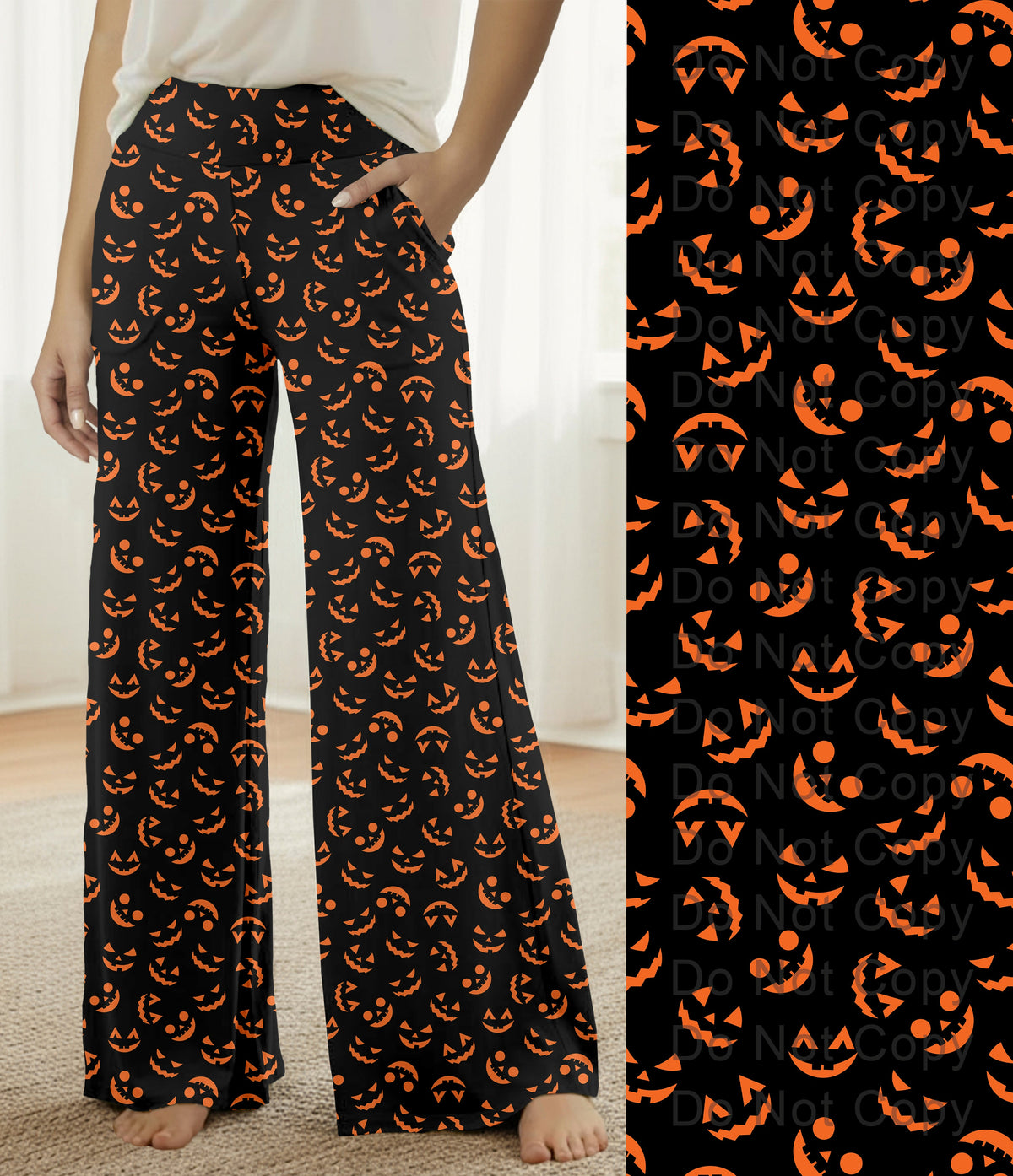 RTS - Orange Pumpkin Faces Halloween Lounge Pants with Pockets