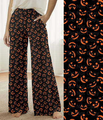 RTS - Orange Pumpkin Faces Halloween Lounge Pants with Pockets