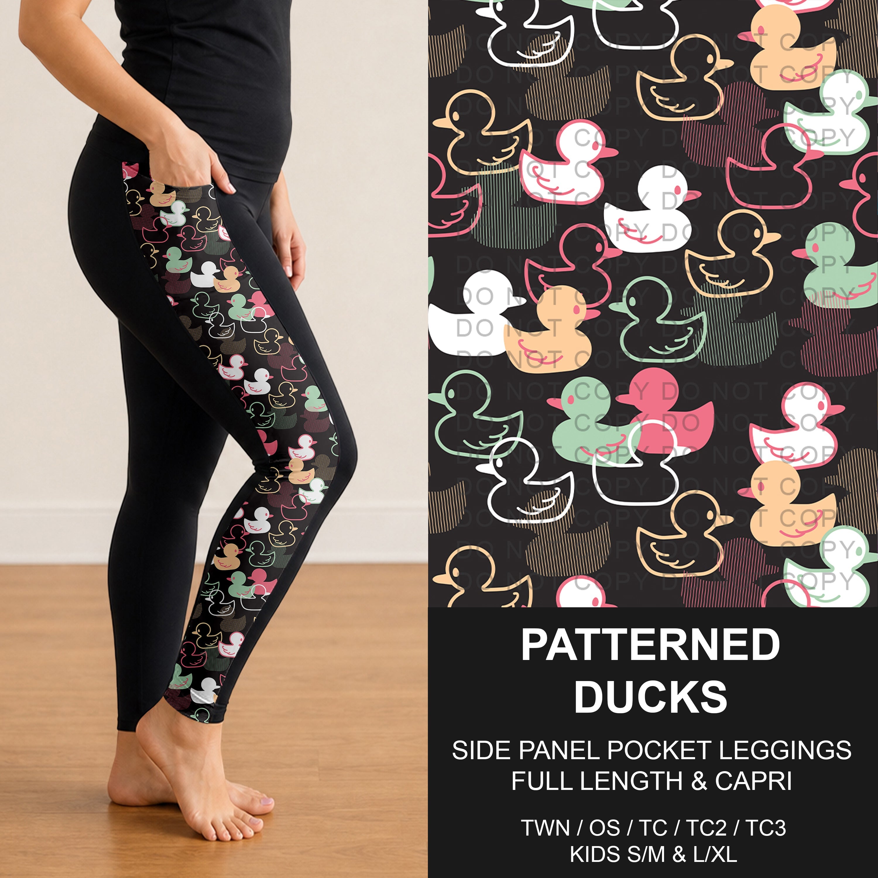 B300 - Preorder Patterned Ducks Side Panel Pocket Leggings (Closes 7/15. ETA: mid Sept.)
