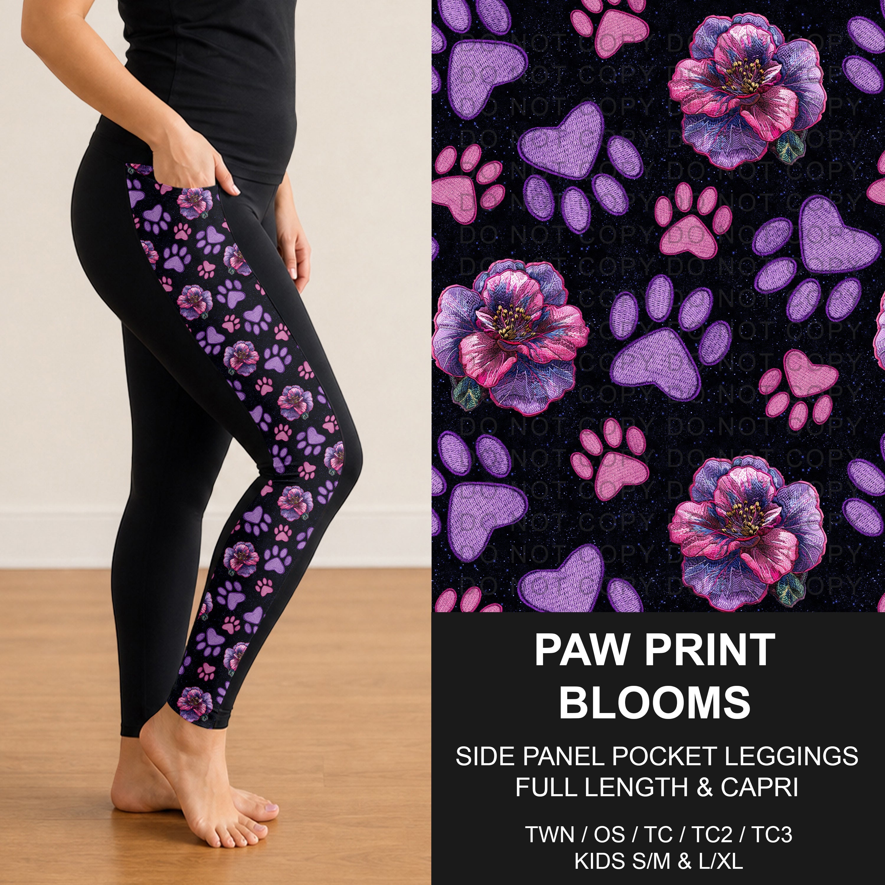B309 - Preorder Paw Print Blooms Side Panel Pocket Leggings (Closes 8/23. ETA: late Oct.)