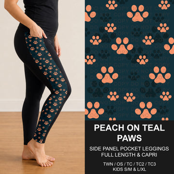 B310 - Preorder Peach on Teal Paws Side Panel Pocket Leggings (Closes 8/30. ETA: late Oct.)