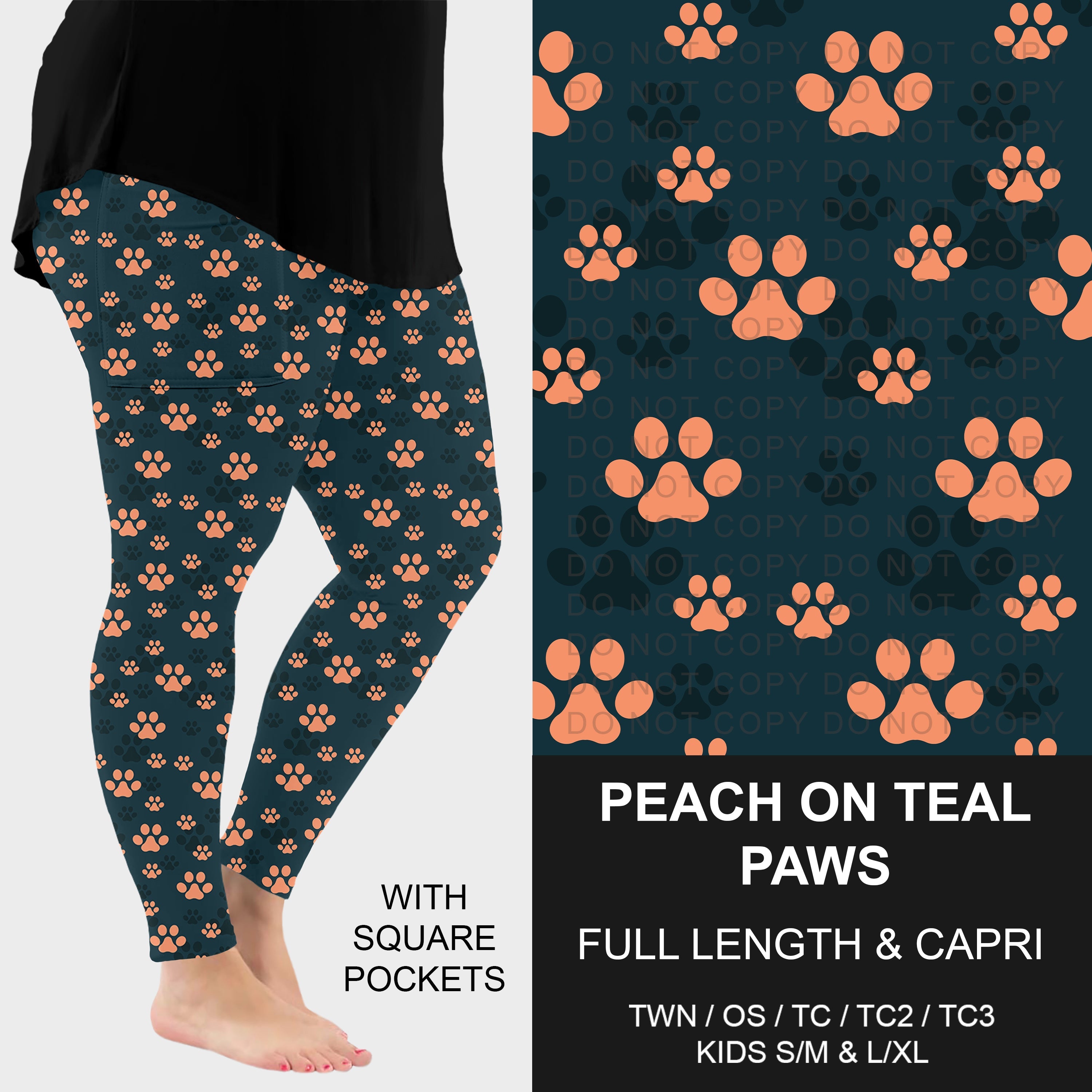 B310 - Preorder Peach on Teal Paws Leggings w/ Pockets (Closes 8/30. ETA: late Oct.)