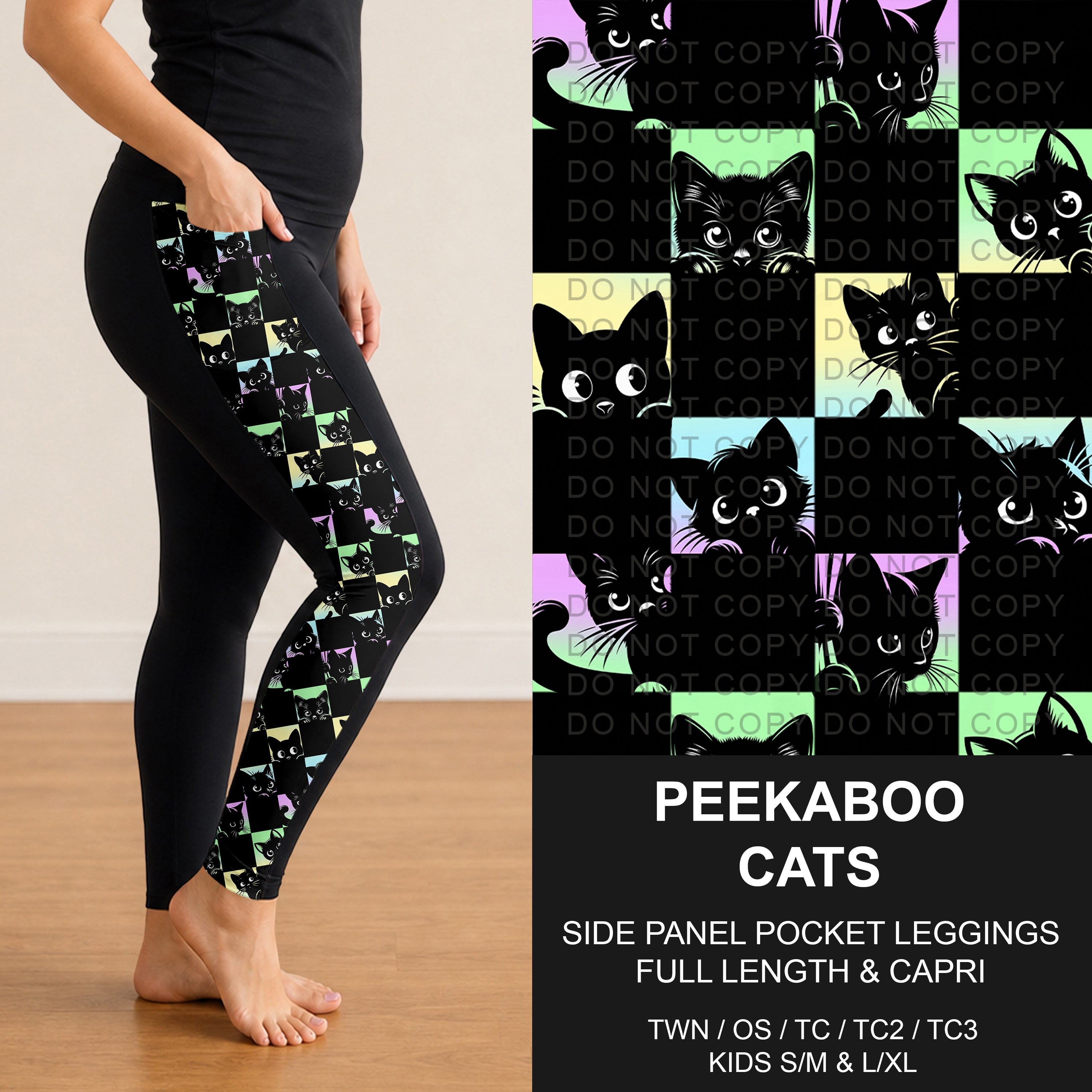 B300 - Preorder Peekaboo Cats Side Panel Pocket Leggings (Closes 7/15. ETA: mid Sept.)