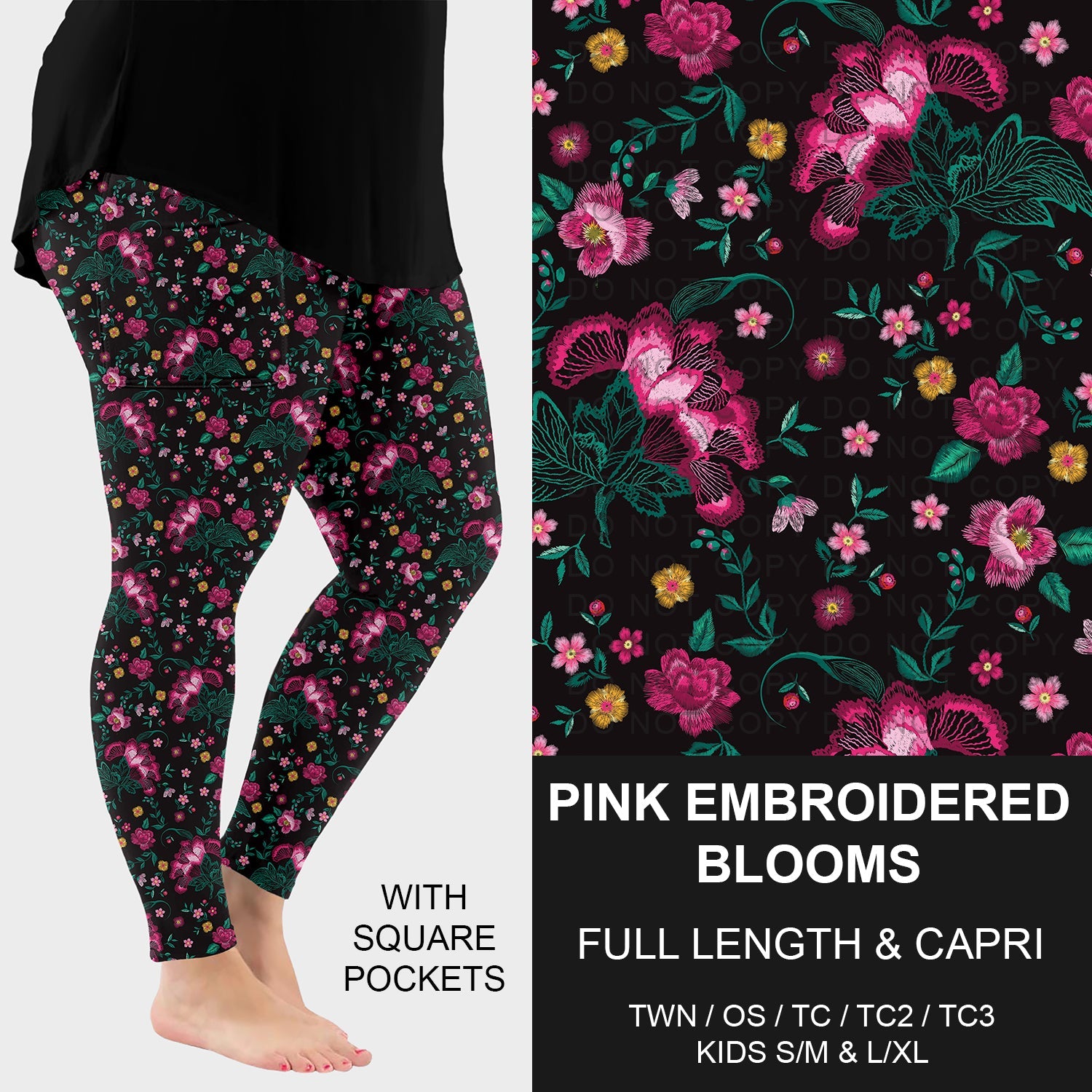 B277 - Preorder Pink Embroidered Blooms Leggings w/ Pockets (Closes 3/08. ETA: mid May)