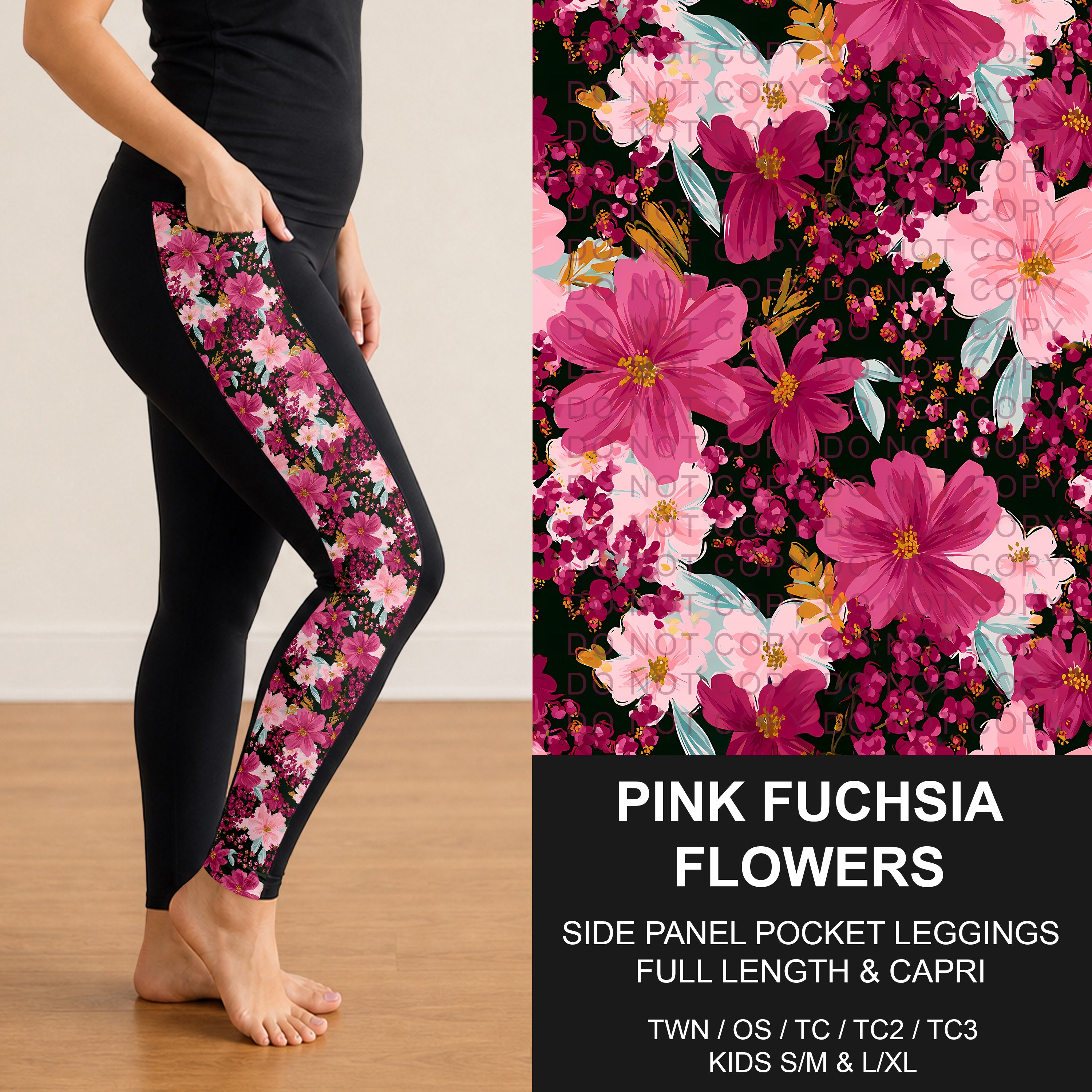 B300 - Preorder Pink Fuchsia Flowers Side Panel Pocket Leggings (Closes 7/15. ETA: mid Sept.)