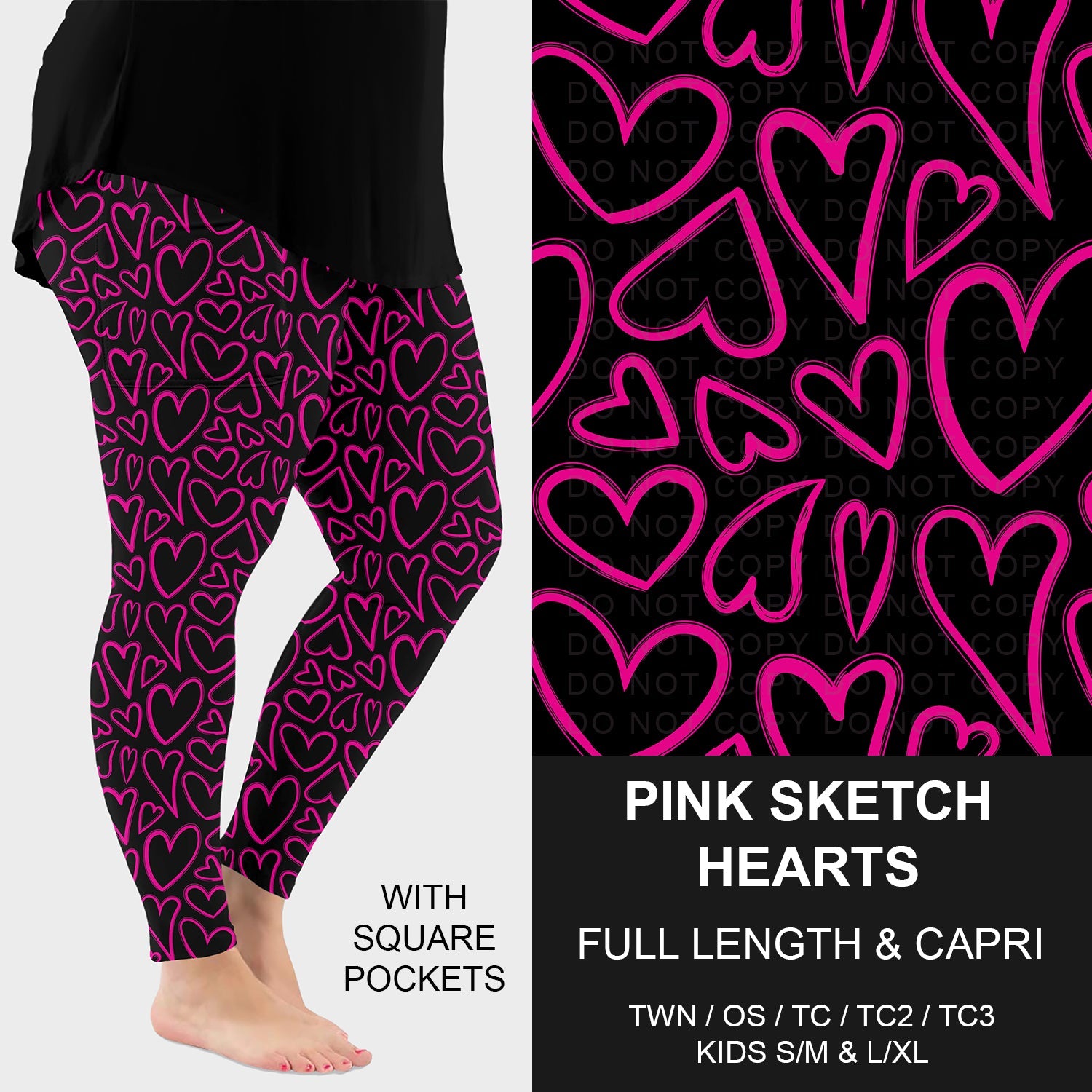 B263 - Preorder Pink Sketch Hearts Leggings w/ Pockets (Closes 11/30. ETA: late Jan.)
