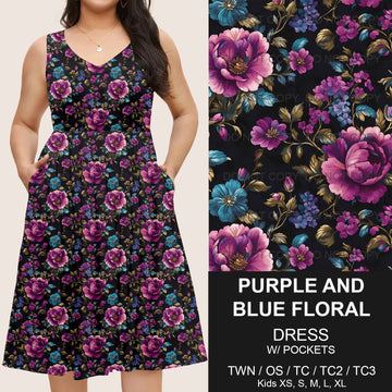 B217 - Preorder Purple and Blue Floral Sleeveless Pocket Dress (Closes 3/12. ETA: late May)