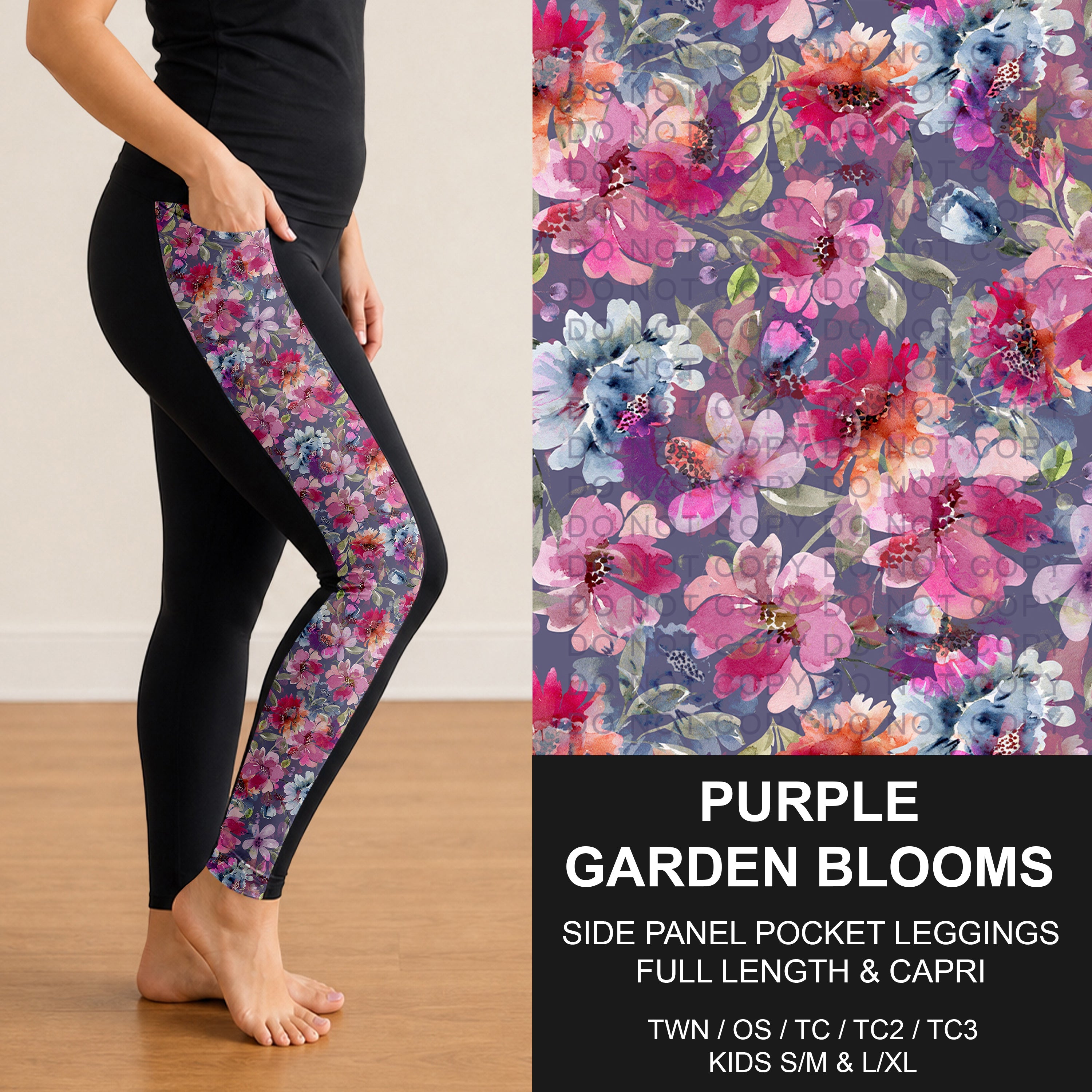 B300 - Preorder Purple Garden Blooms Side Panel Pocket Leggings (Closes 7/15. ETA: mid Sept.)