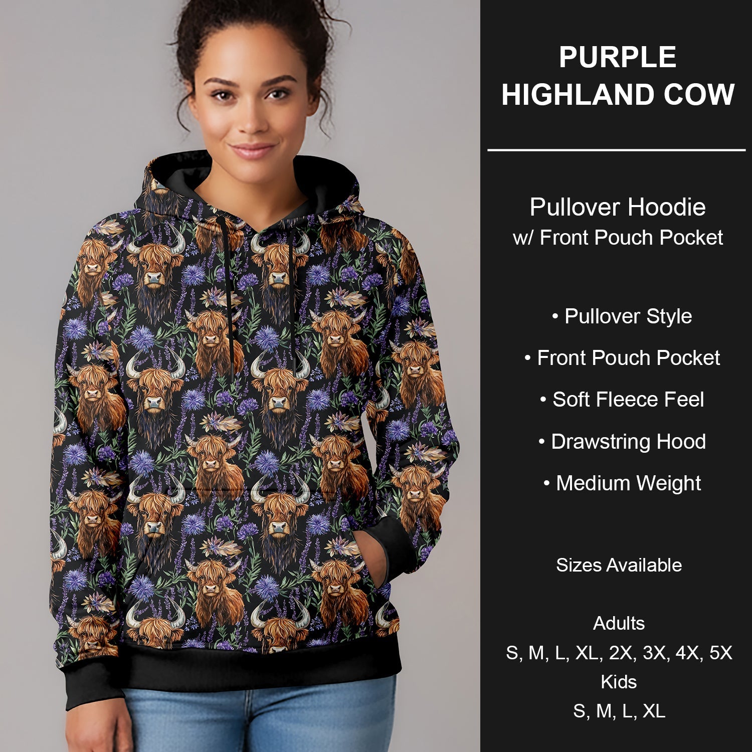 B266 - Preorder Purple Highland Cow Pullover Hoodie (Closes 12/17. ETA late Feb.)