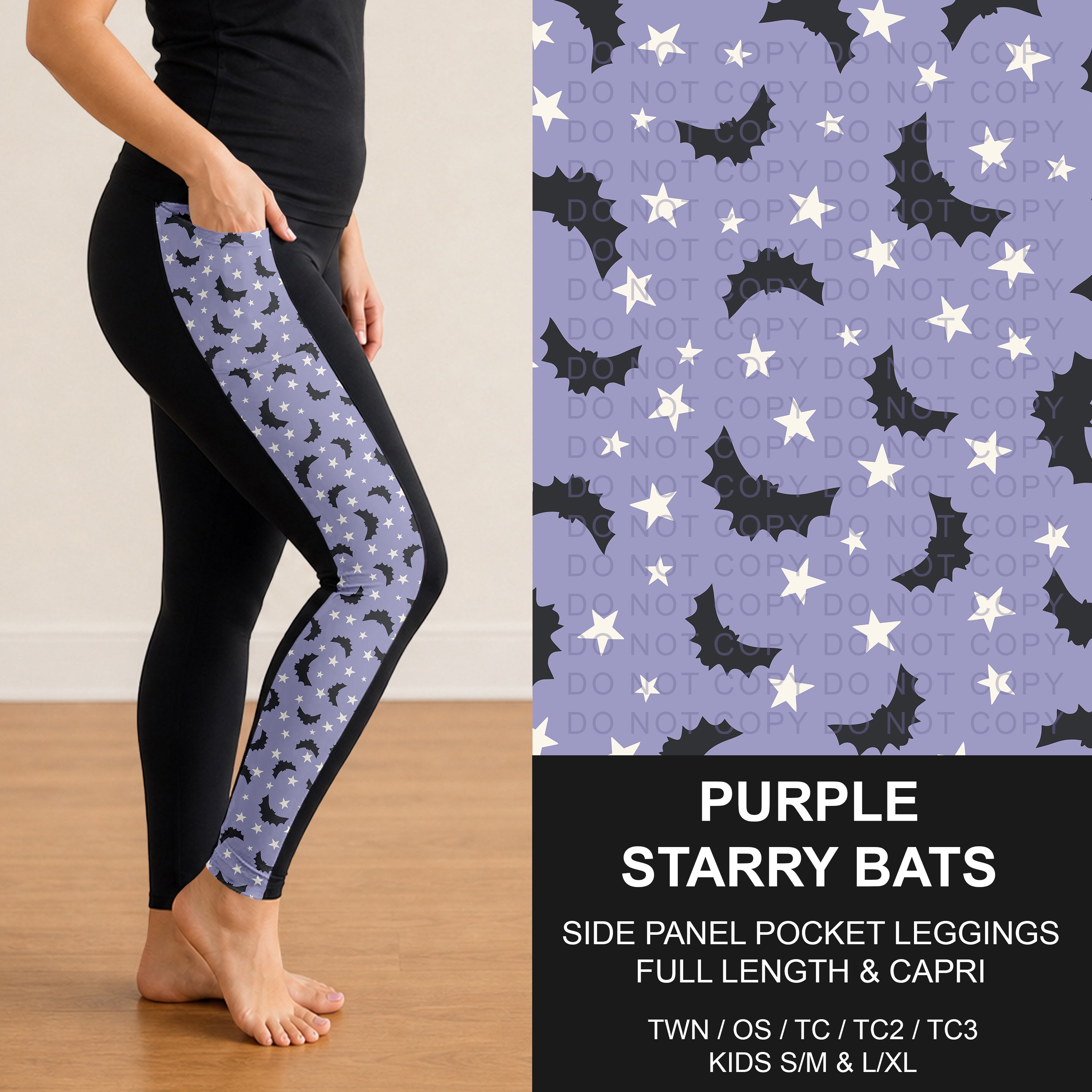 B307 - Preorder Purple Starry Bats Side Panel Pocket Leggings (Closes 8/02. ETA: early Oct.)