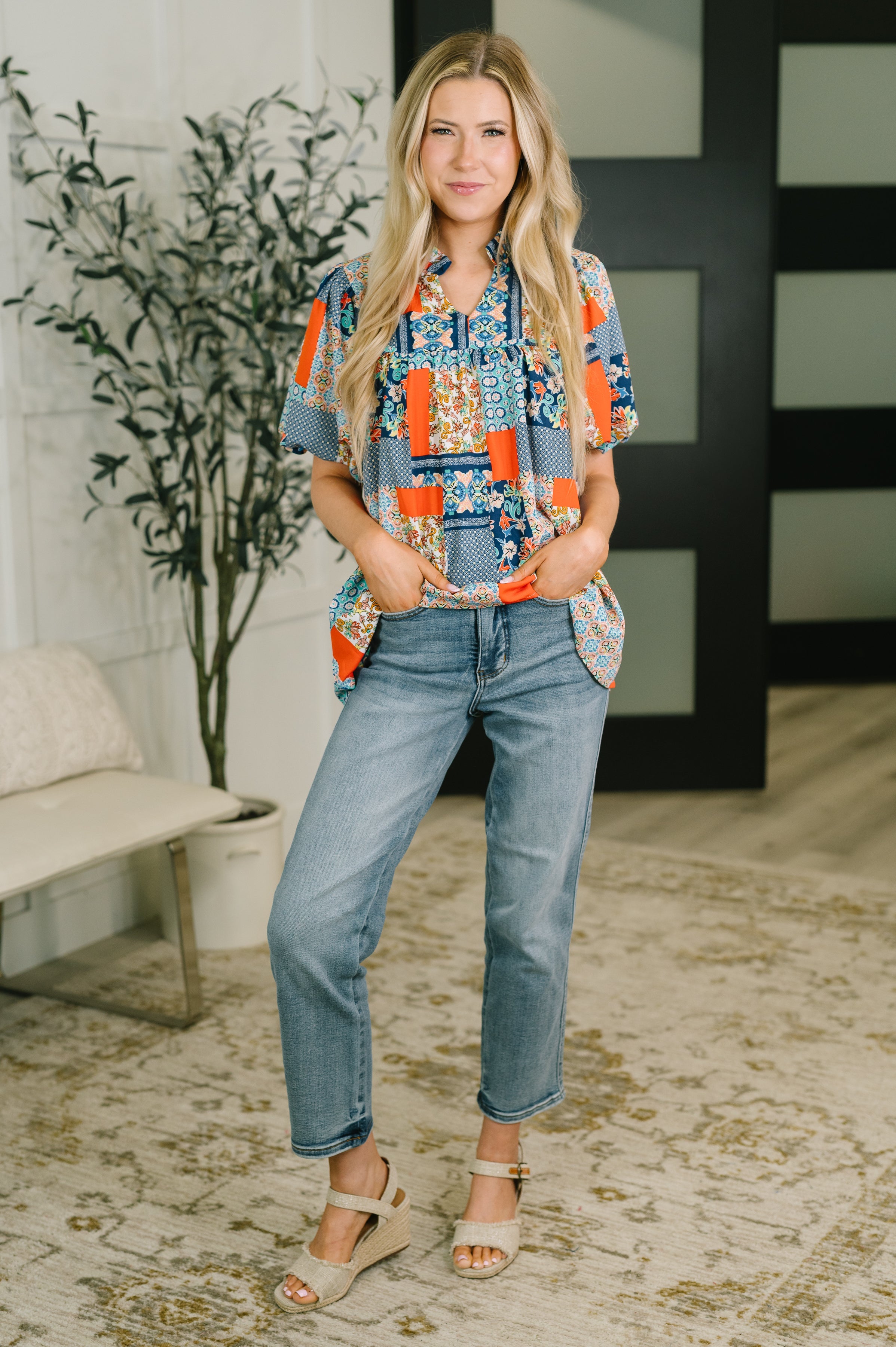 Pardon Me Patchwork Puff Sleeve Blouse