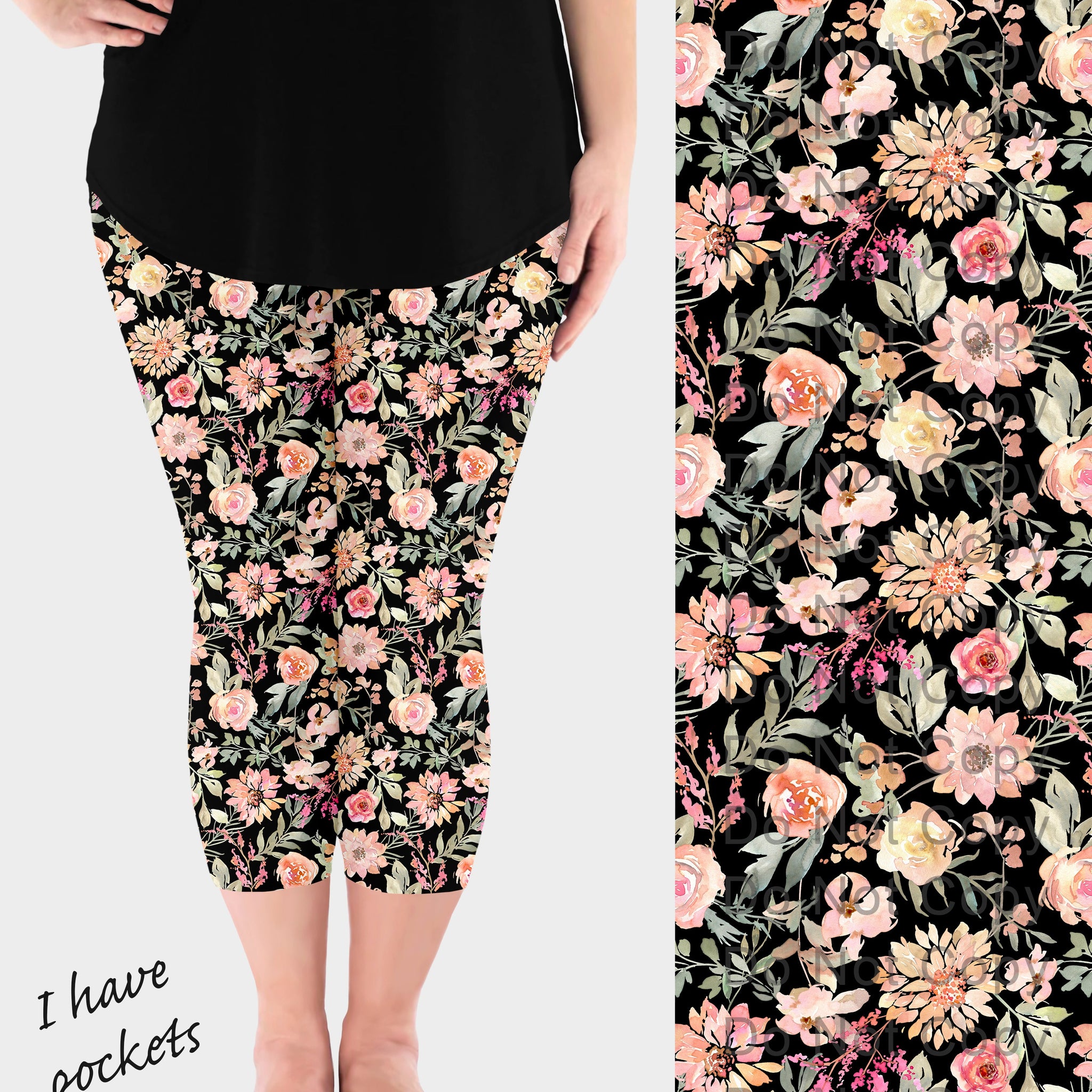 RTS - Peach Dahlias Capri Leggings w/ Pockets