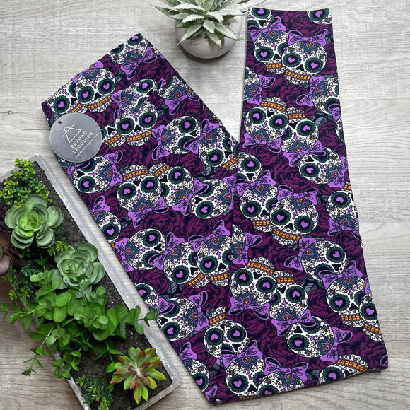 Purple Sugar Skull with Bows Print Soft Leggings - Adult & Kid Sizes