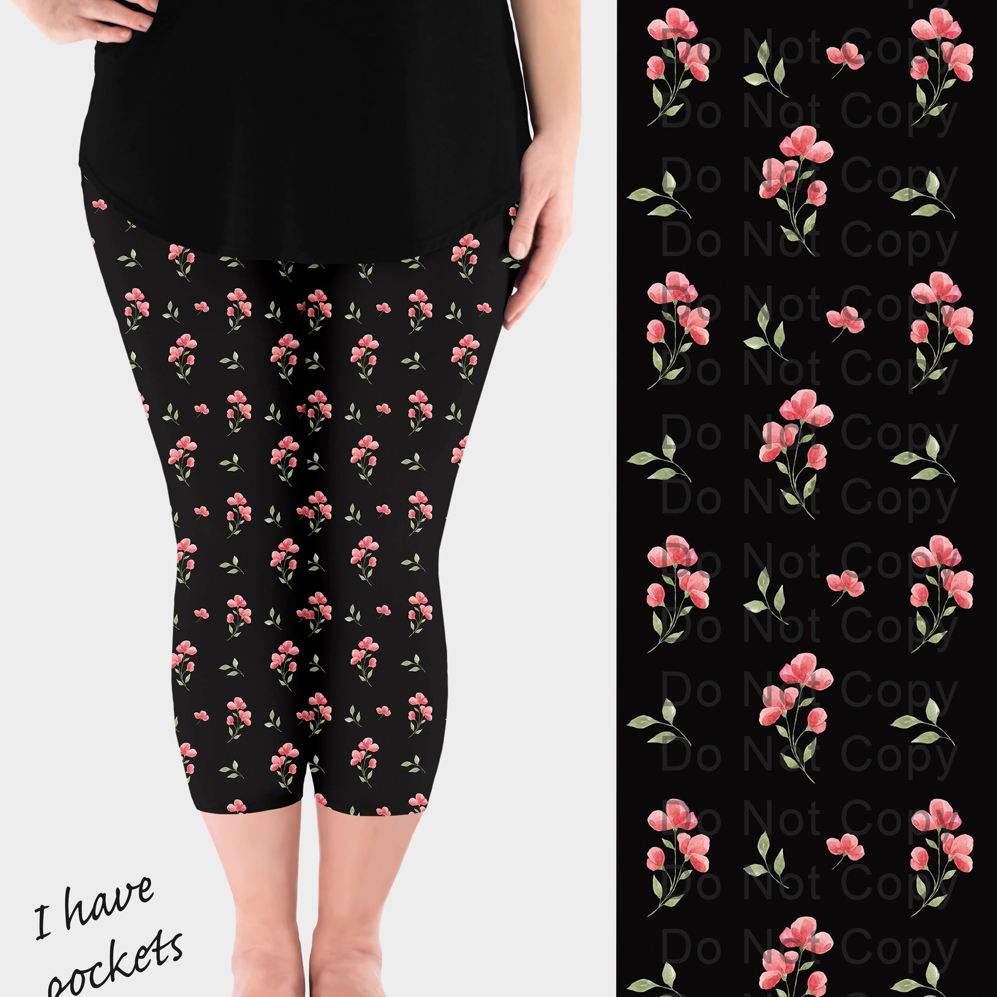 RTS - Pink Dainty Flowers Capri Leggings w/ Pockets