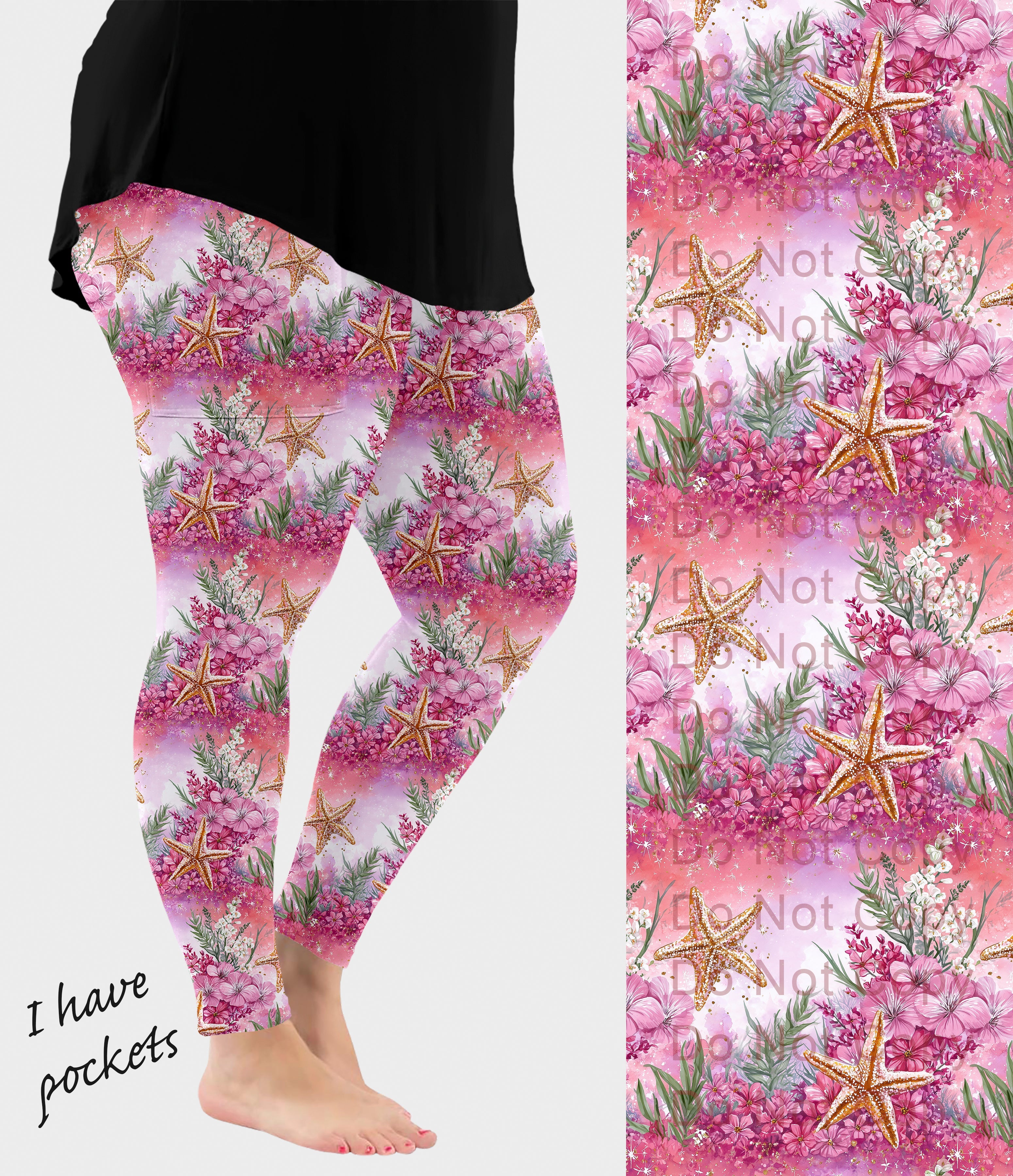 RTS - Pink Starfish Leggings with Pockets