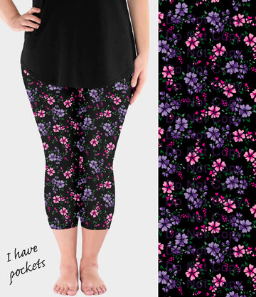RTS - Pink and Purple Flowers Capri Leggings with Pockets